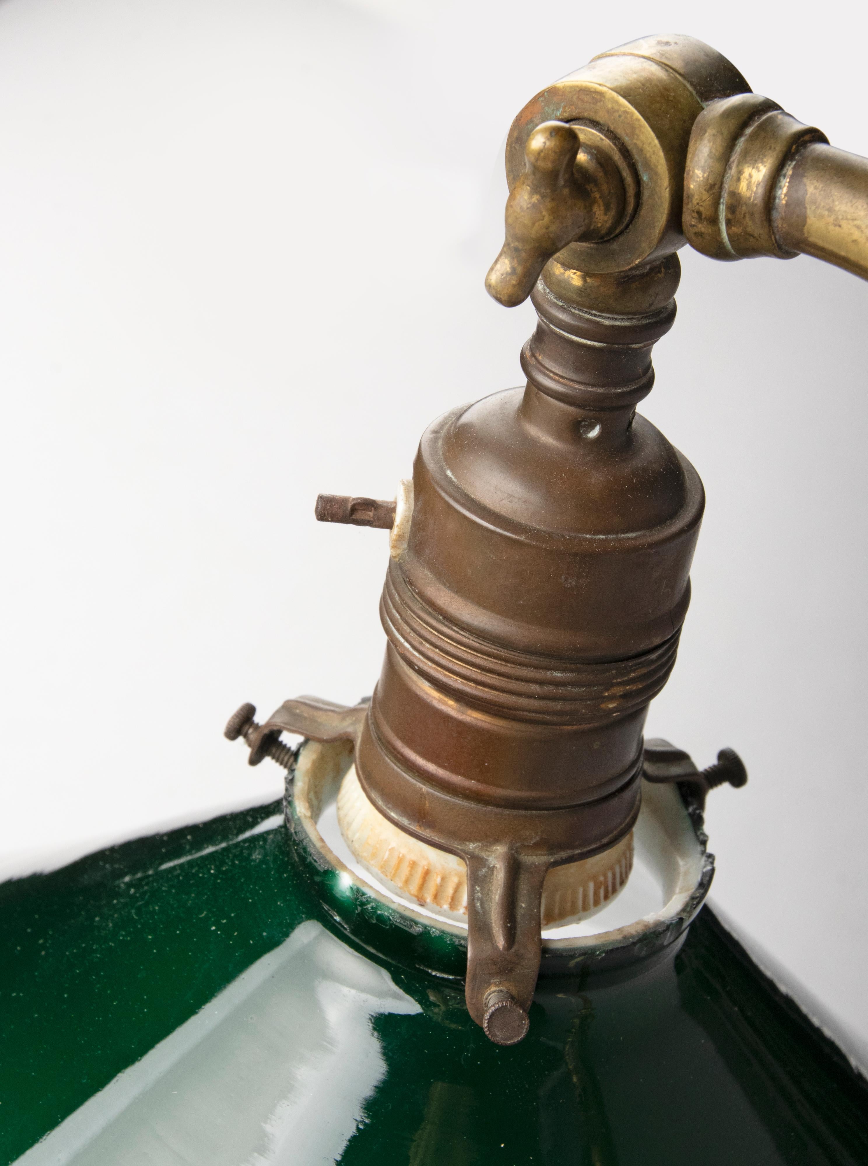Classic Early 20th Century Brass Adjustable Desk Lamp with Green Gradient Shade 2