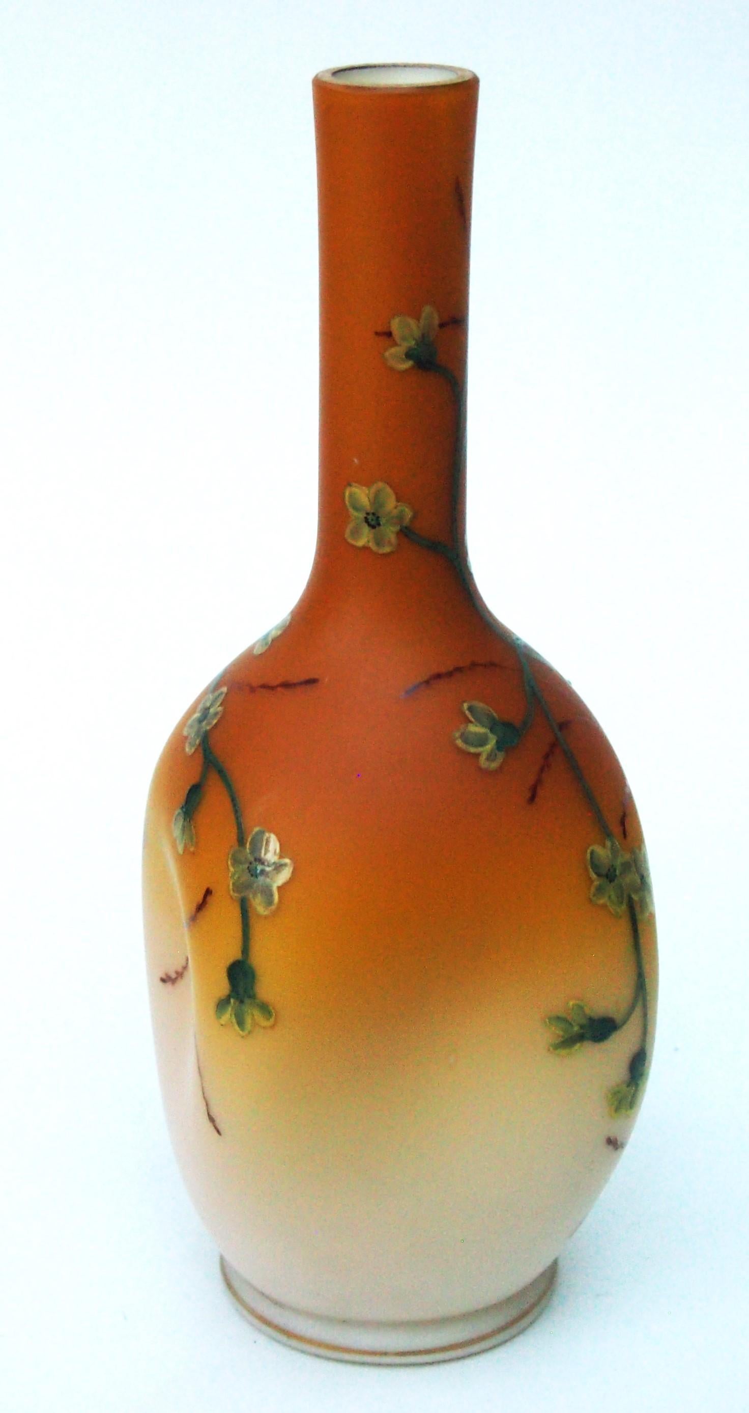 Aesthetic Movement Classic Early Loetz Glass Vase Enamelled Flowers on Spreading Peach  c1890