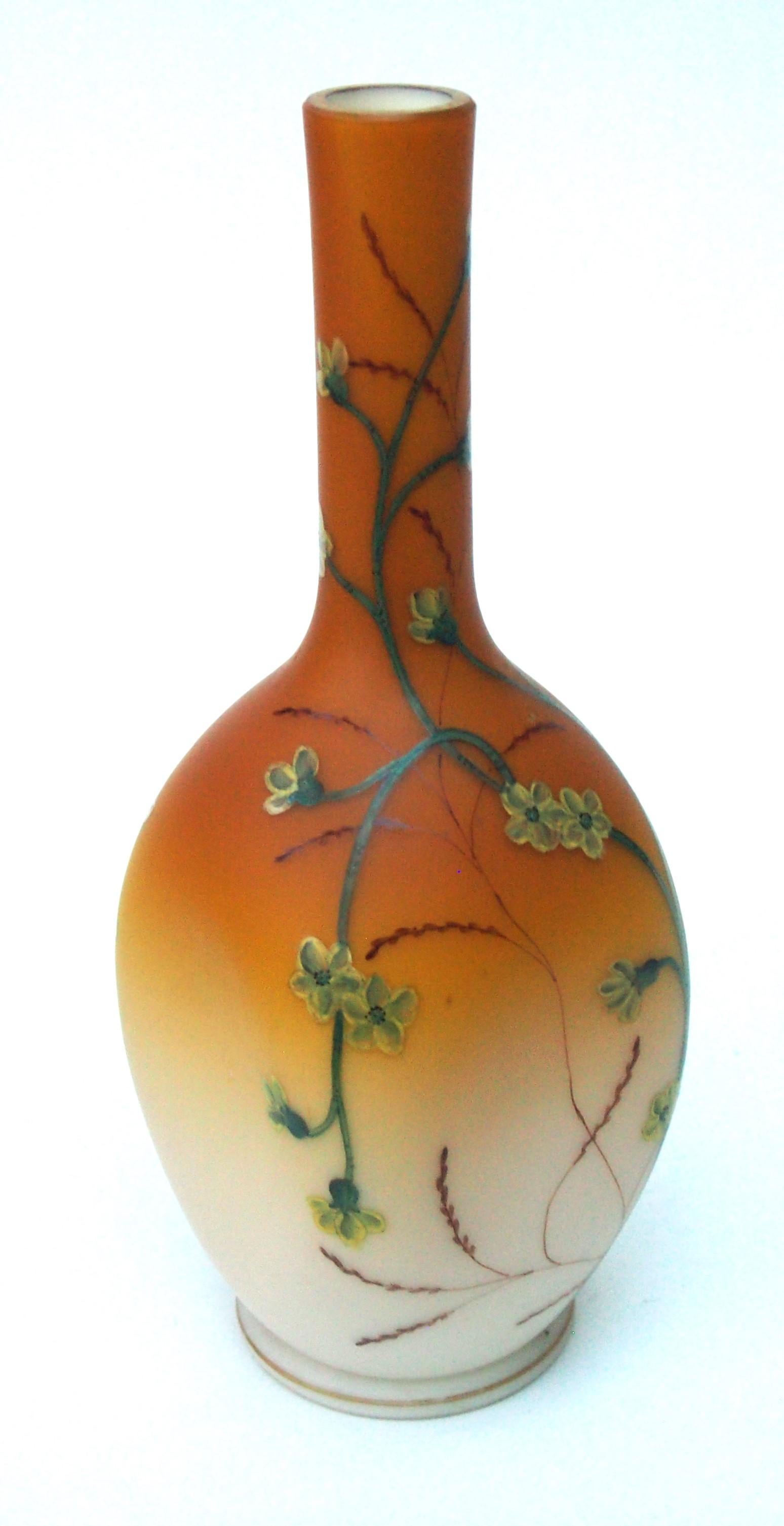 Czech Classic Early Loetz Glass Vase Enamelled Flowers on Spreading Peach  c1890 For Sale