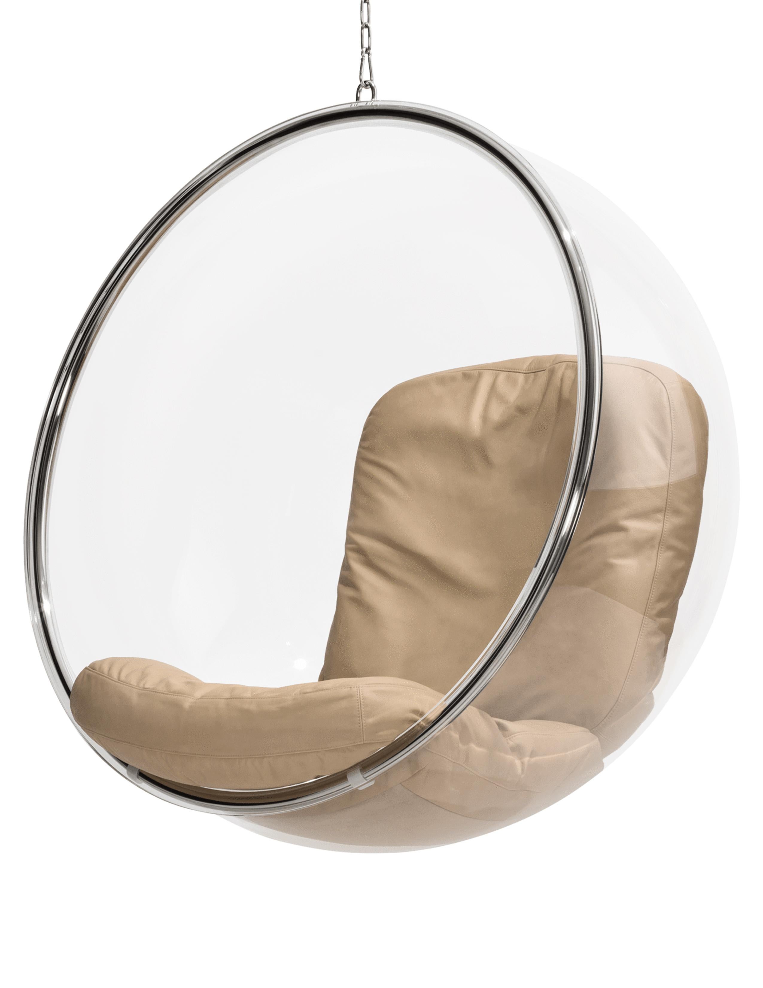 Bubble chair (with white leather cushions)
Designed by Eero Aarnio
Authentic, licensed original.
The Bubble chair was designed by Eero Aarnio in 1968. According to Eero’s notes, the Bubble hangs from the ceiling because ‘there is no nice way to