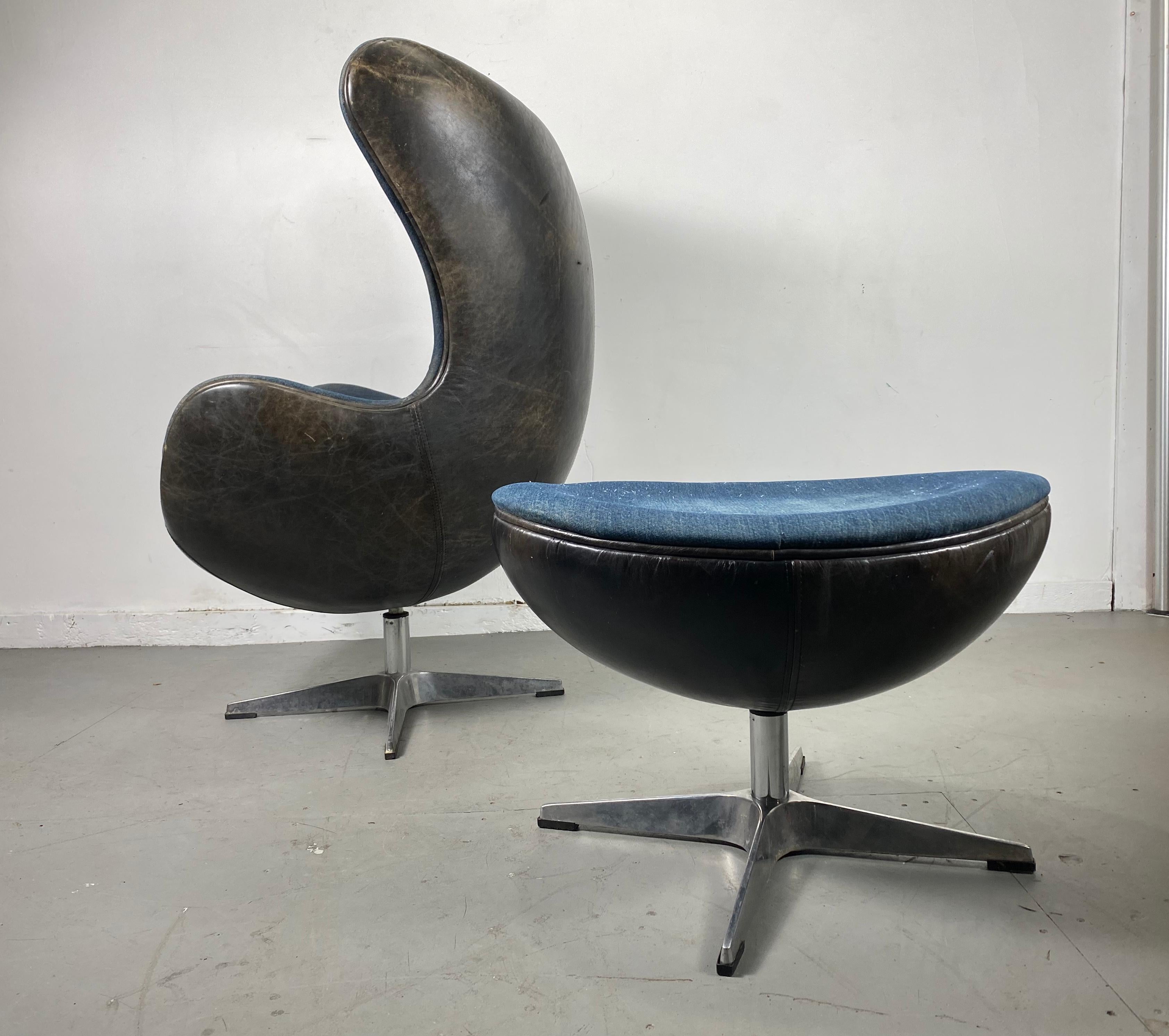 Aluminum Classic Egg Chair and Ottoman, Black Leather and Denim, After Arne Jacobsen