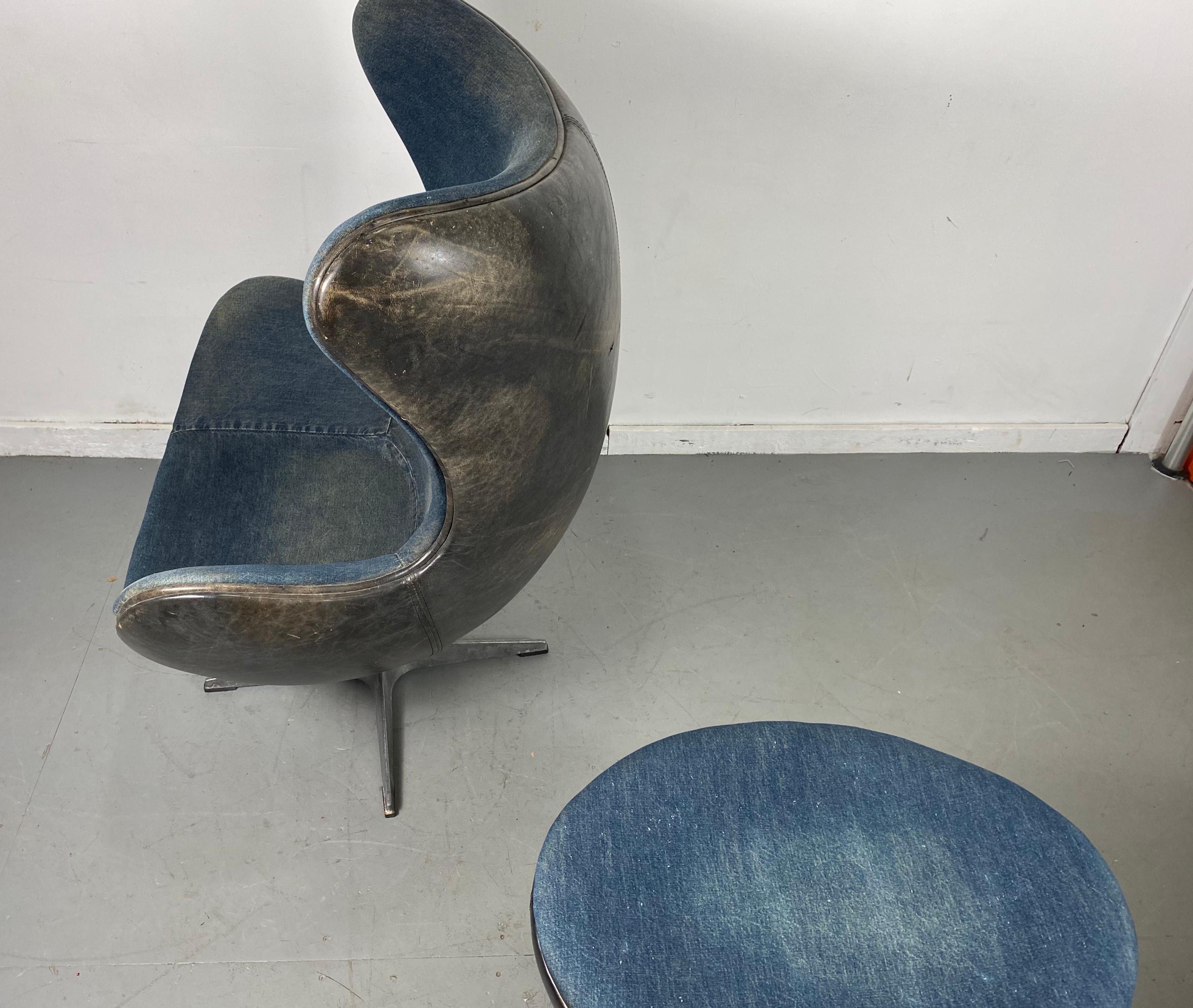 Classic Egg Chair and Ottoman, Black Leather and Denim, After Arne Jacobsen 1