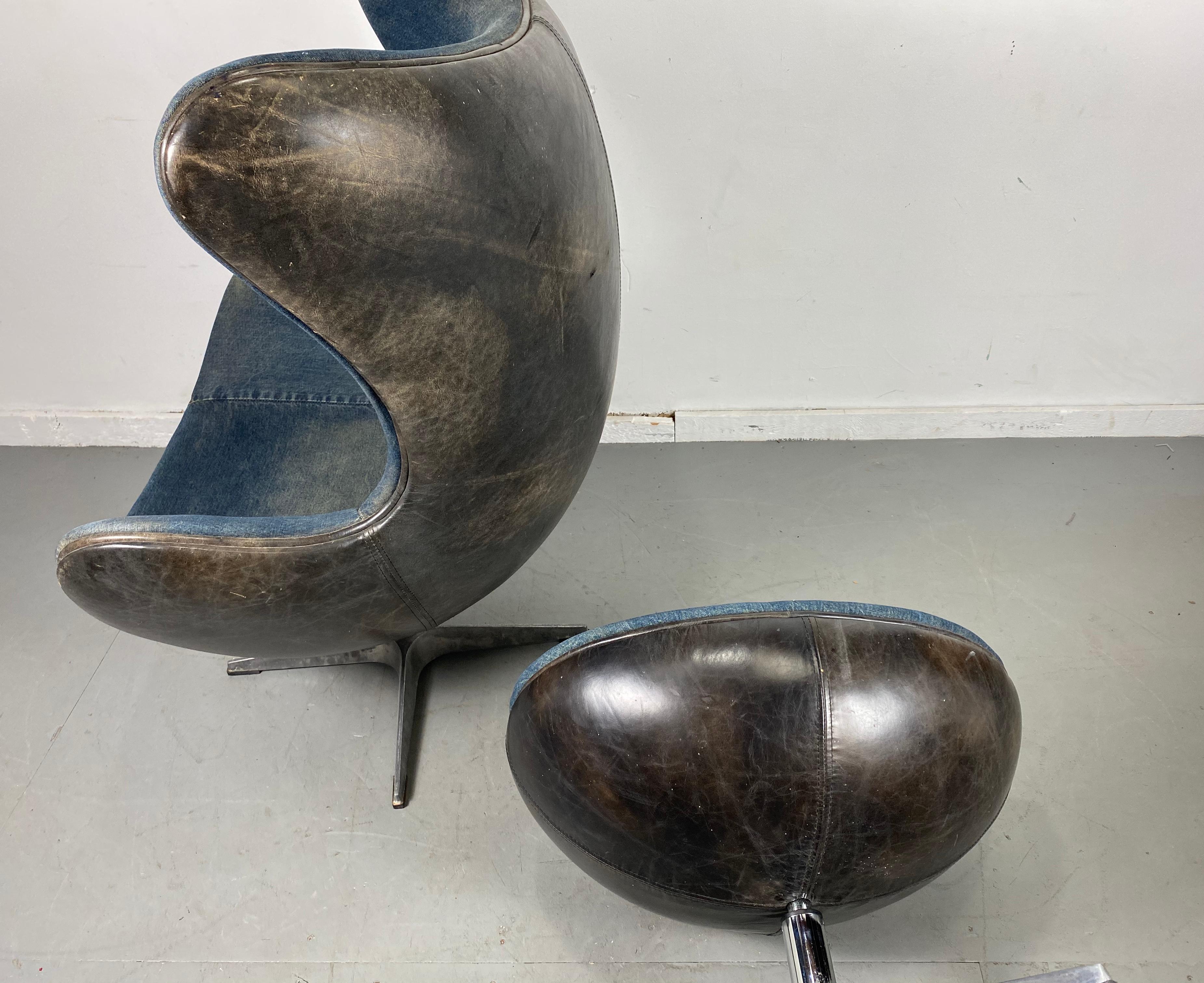 Classic Egg Chair and Ottoman, Black Leather and Denim, After Arne Jacobsen 2