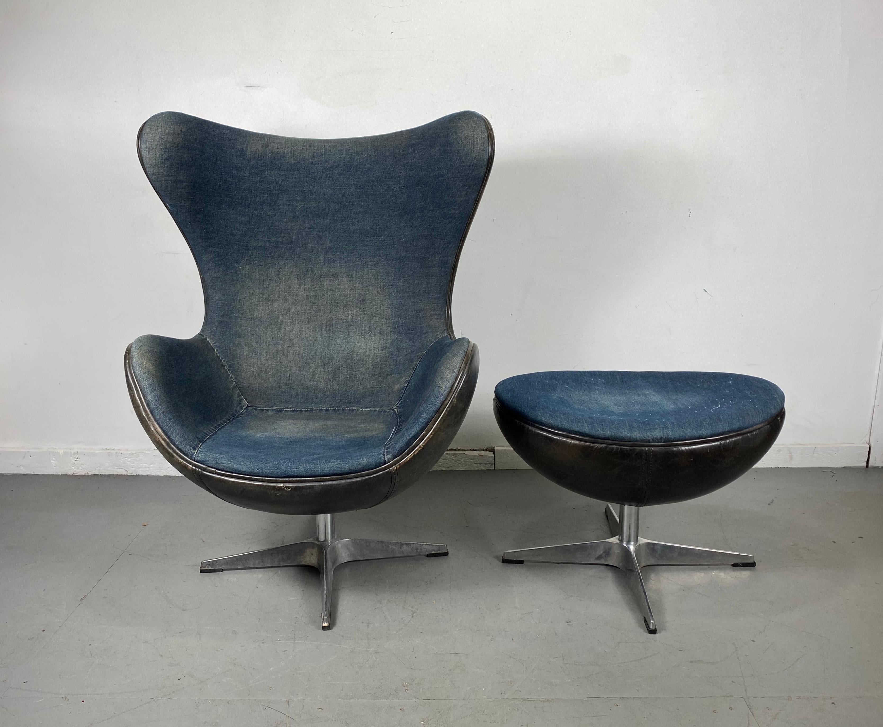 Mid-Century Modern Classic Egg Chair and Ottoman, Black Leather and Denim, After Arne Jacobsen