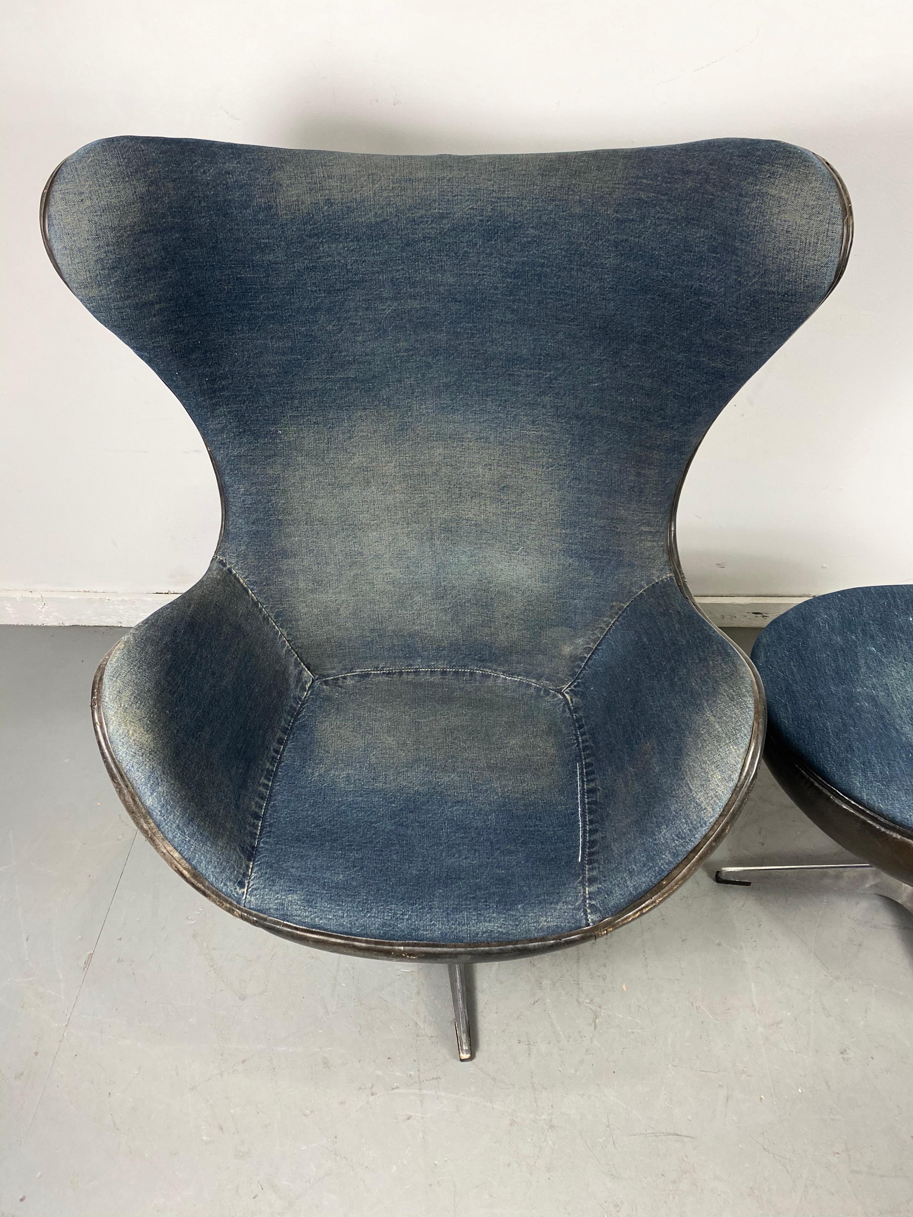 American Classic Egg Chair and Ottoman, Black Leather and Denim, After Arne Jacobsen