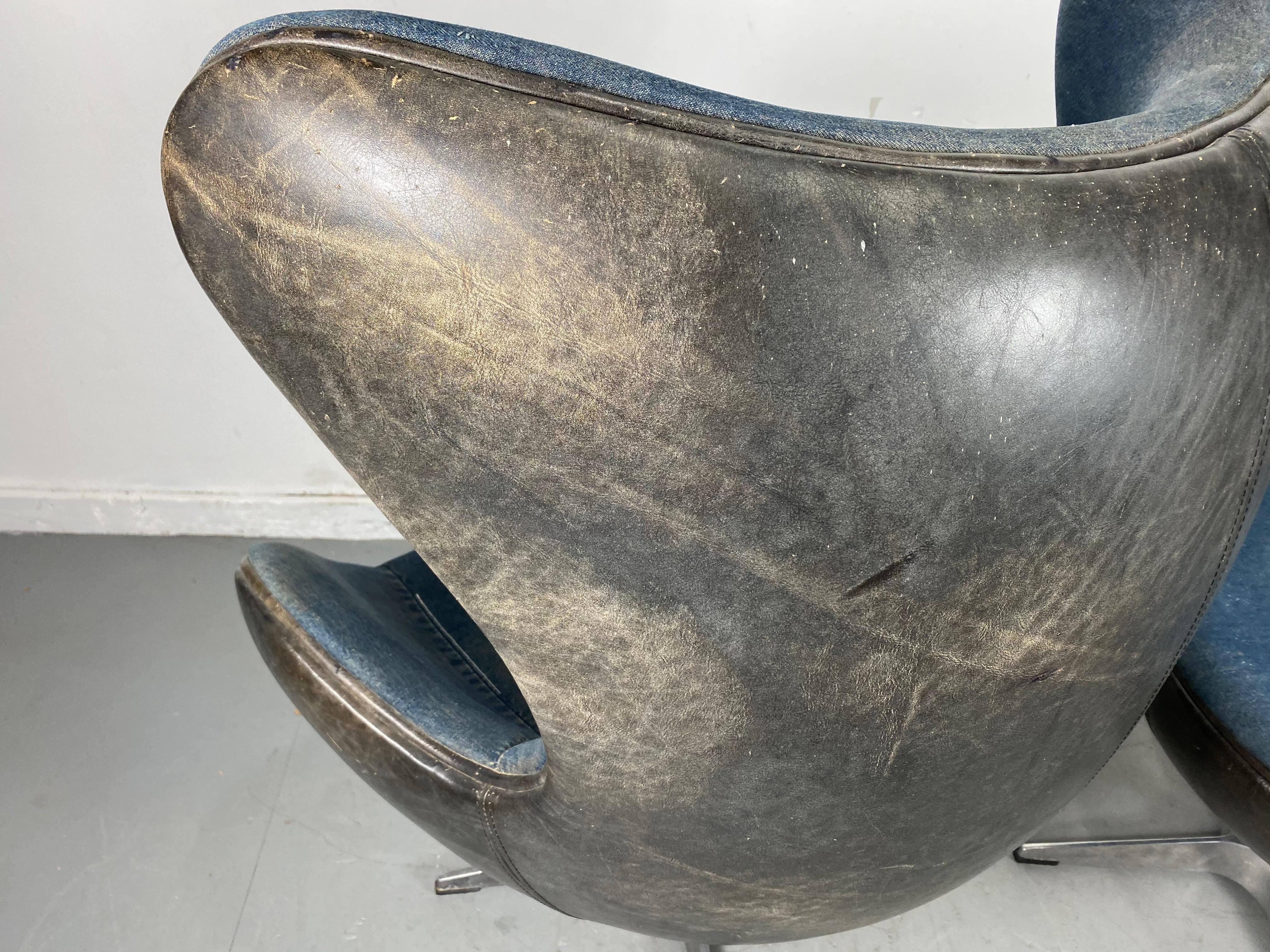 Late 20th Century Classic Egg Chair and Ottoman, Black Leather and Denim, After Arne Jacobsen