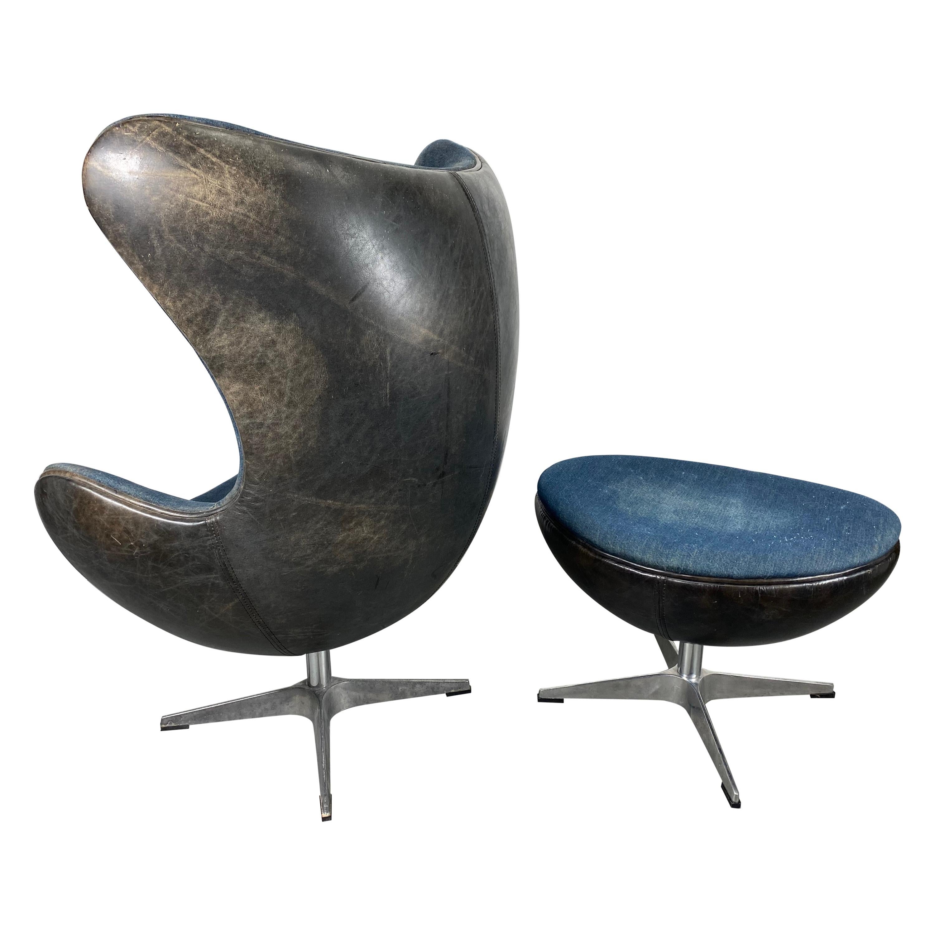 Classic Egg Chair and Ottoman, Black Leather and Denim, After Arne Jacobsen
