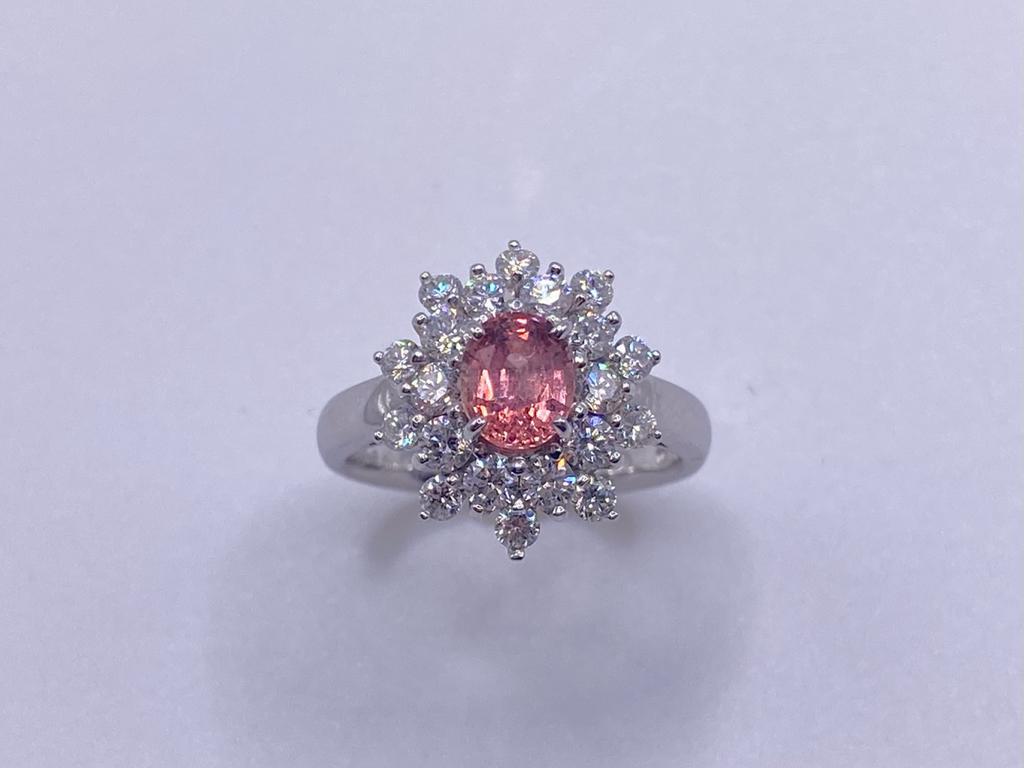 Classic & Elegant Bochic Platinum Cluster Diamond &  Padparadscha Sapphire Ring  In New Condition For Sale In New York, NY