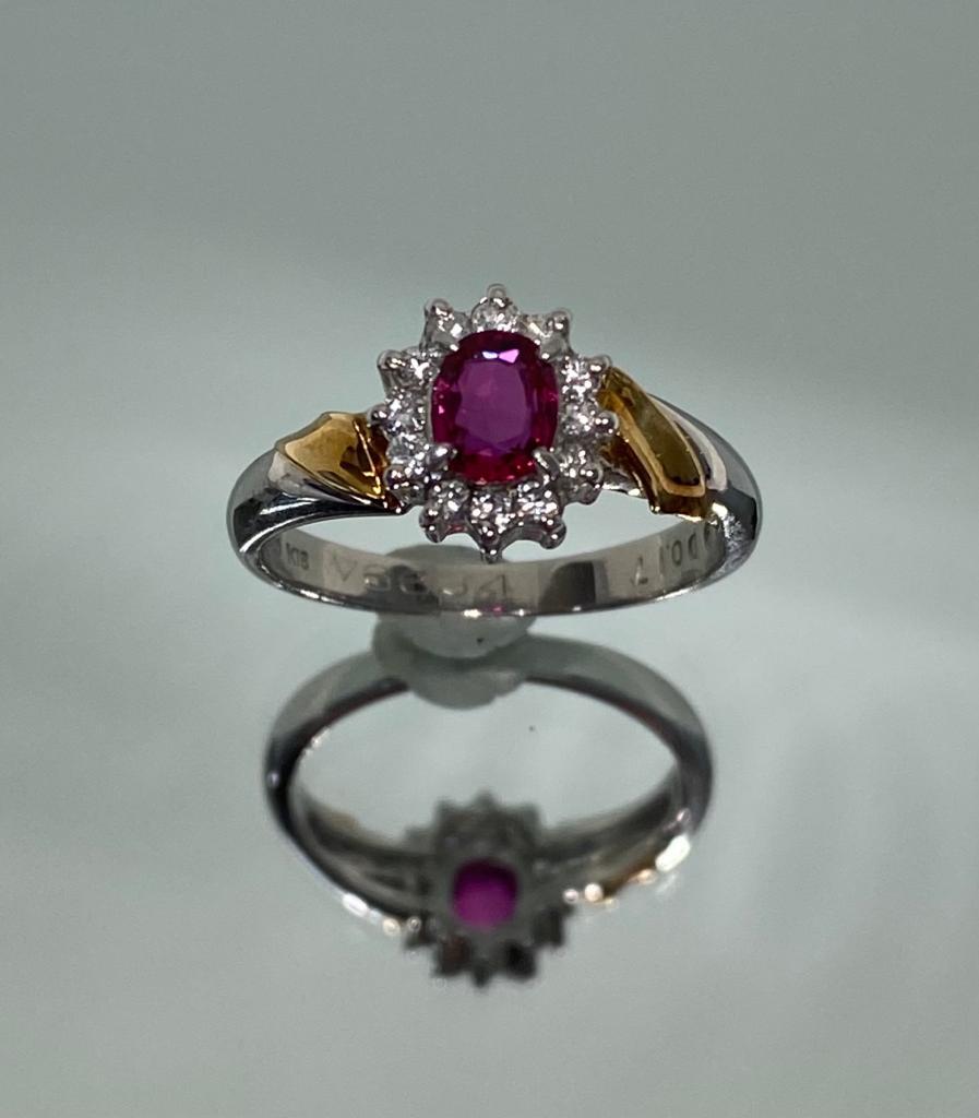 Classic & Elegant Bochic Platinum Cluster Diamond & Red Ruby Ring  In New Condition For Sale In New York, NY