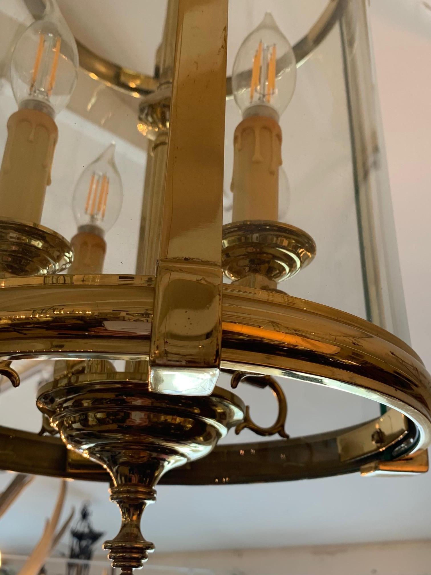 Classic Elegant Cast Brass & Glass Lantern Chandelier For Sale 2