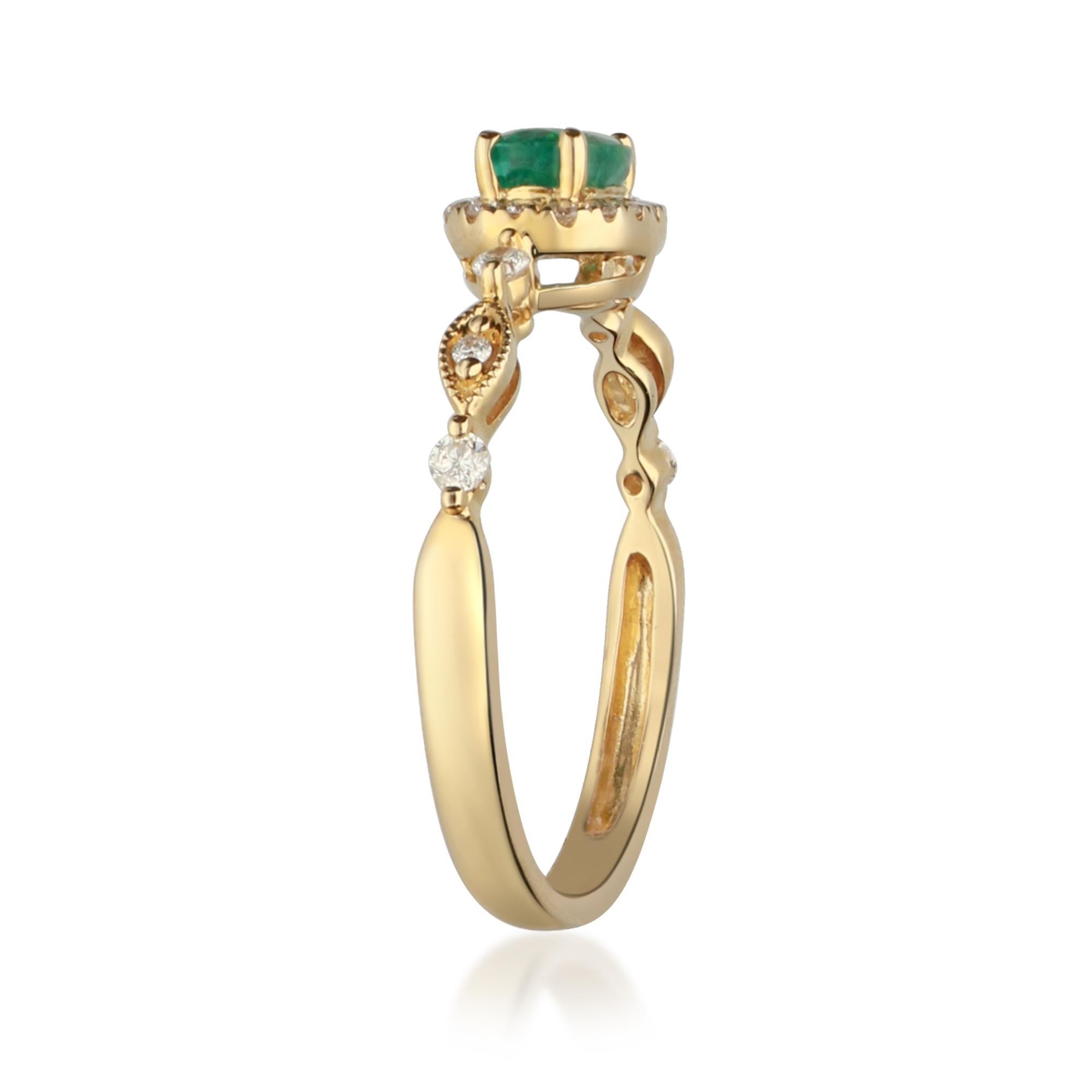 Stunning, timeless and classy eternity Unique Ring. Decorate yourself in luxury with this Gin & Grace Ring. The 14K Yellow Gold jewelry boasts with Oval-cut 1 pcs 0.41 carat Emerald and Natural Round-cut white Diamond (22 Pcs) 0.20 Carat accent