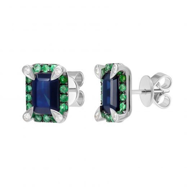 Modern Classic Emerald Blue Sapphire White Diamond White Gold Earrings for Her For Sale