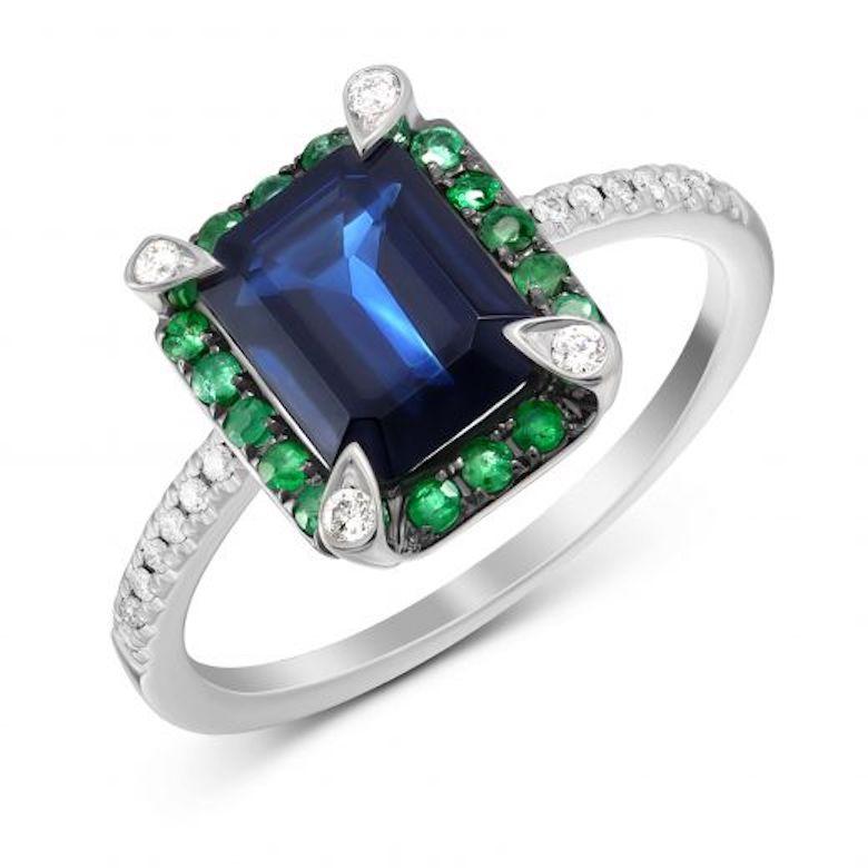 Round Cut Classic Emerald Blue Sapphire White Diamond White Gold Earrings for Her For Sale