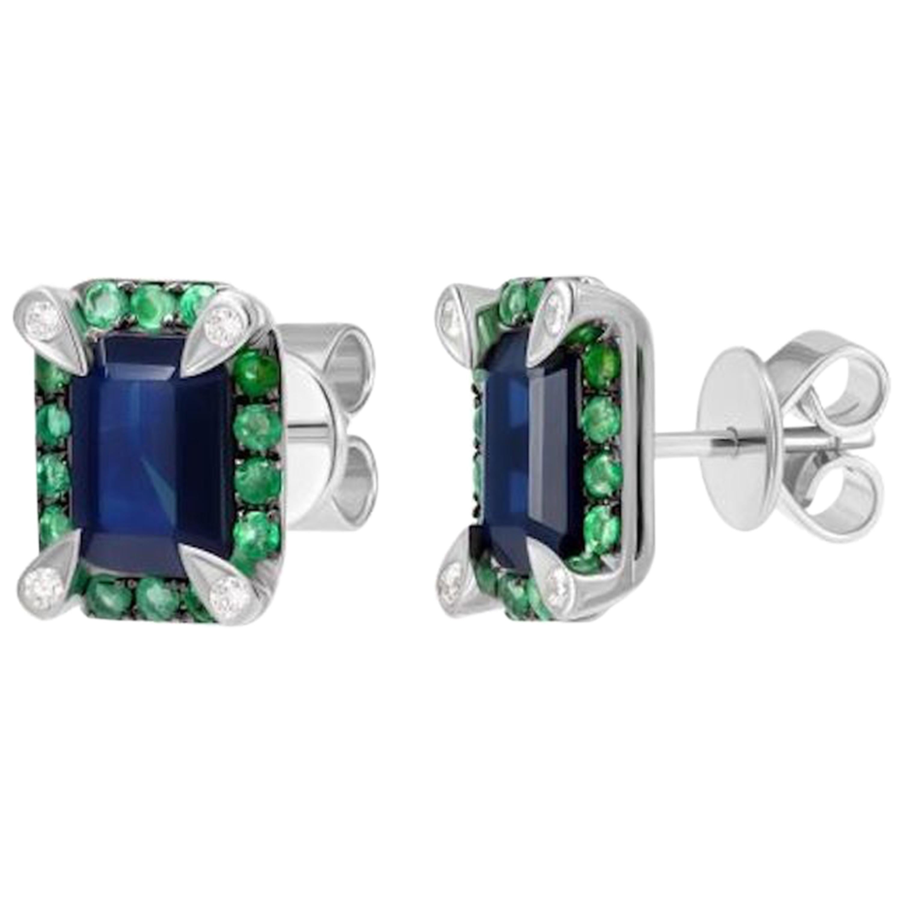 Classic Emerald Blue Sapphire White Diamond White Gold Earrings for Her For Sale