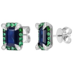 Classic Emerald Blue Sapphire White Diamond White Gold Earrings for Her
