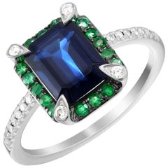 Classic Emerald Blue Sapphire White Diamond White Gold Ring for Her