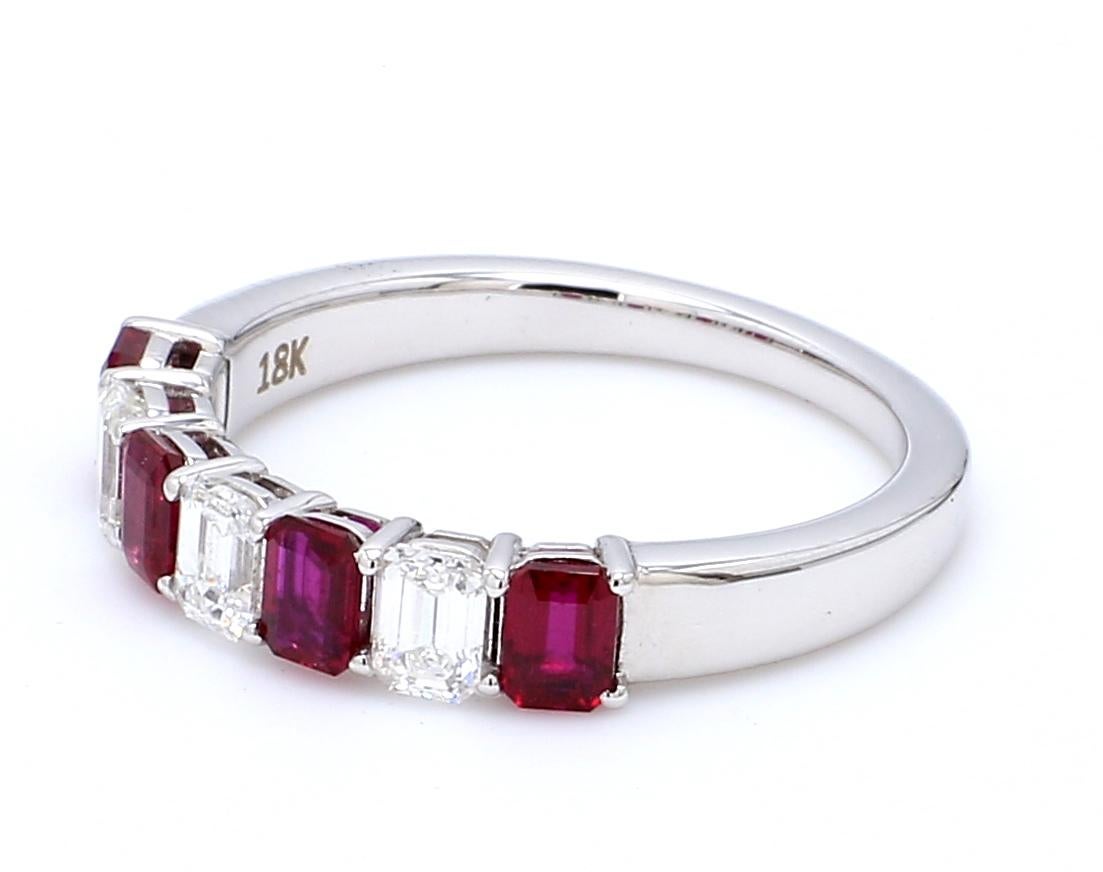 Contemporary Classic Emerald Cut 1.50 Carat Seven Stone Ruby Diamond Ring 18 Karat White Gold