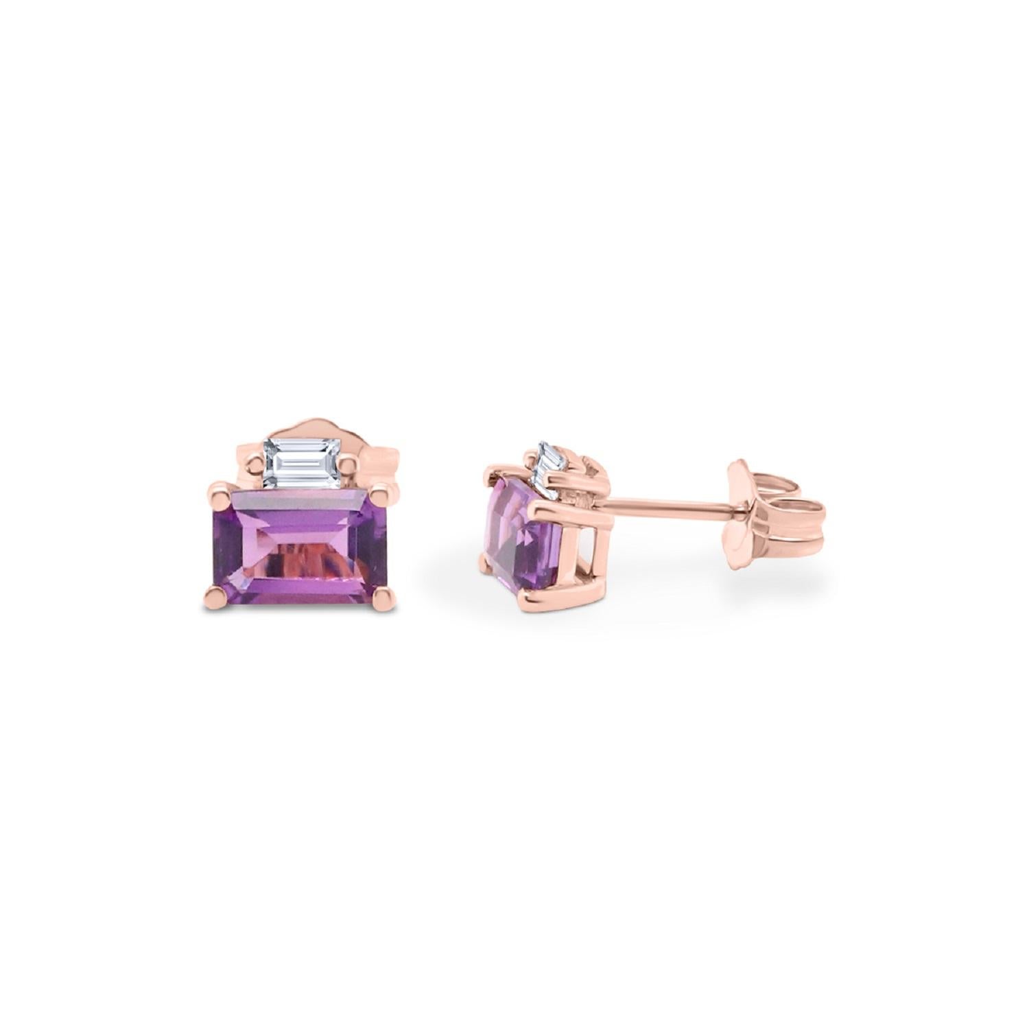 Pendiente clásico de amatista talla esmeralda con detalles de diamantes en oro rosa de 10k Corte esmeralda en venta