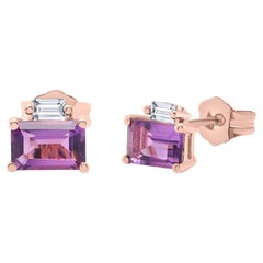 Classic Emerald-Cut Amethyst with Diamond Accents 10k Rose Gold Earring