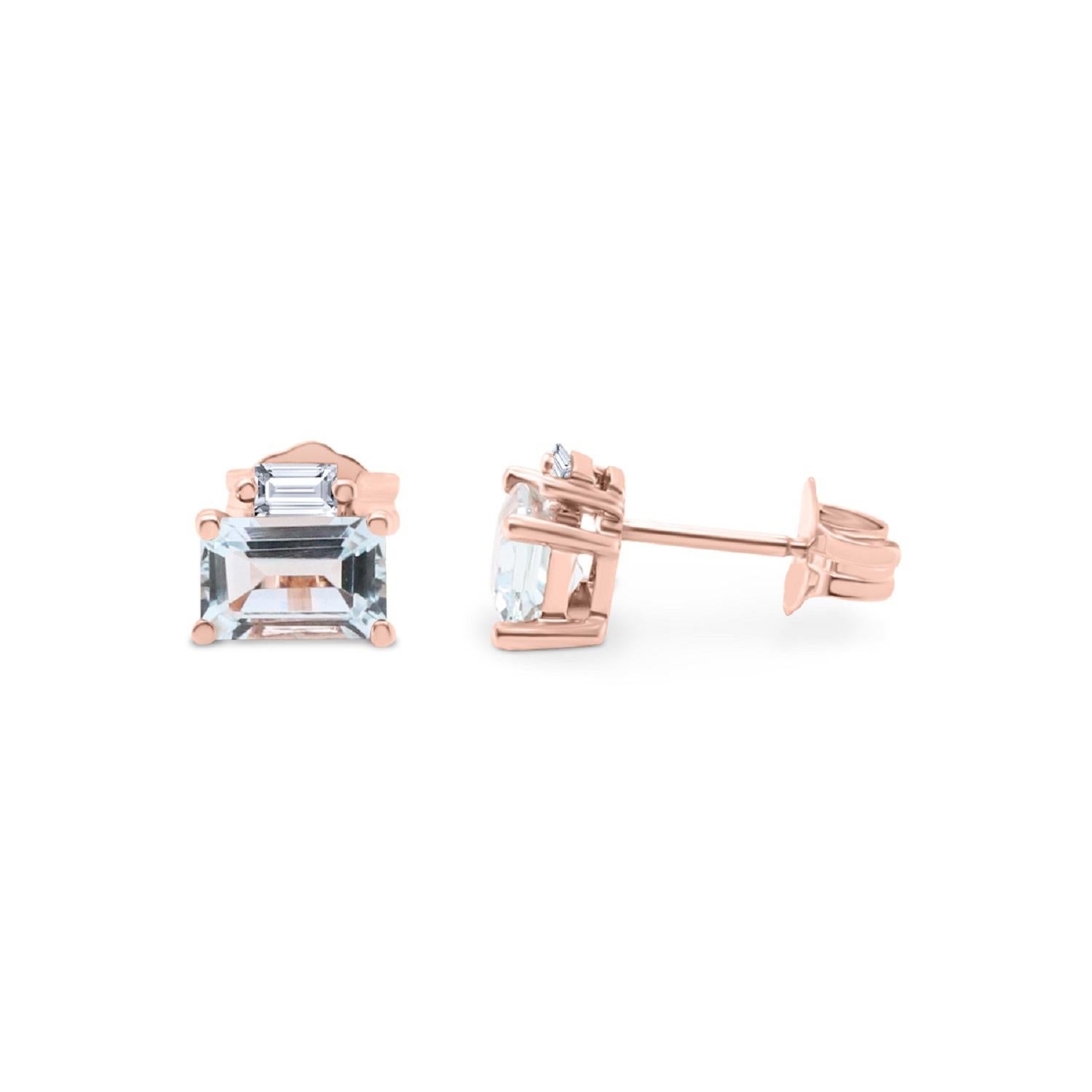 Art Deco Classic Emerald-Cut Aquamarine with Diamond Accents 10k Rose Gold Earring For Sale
