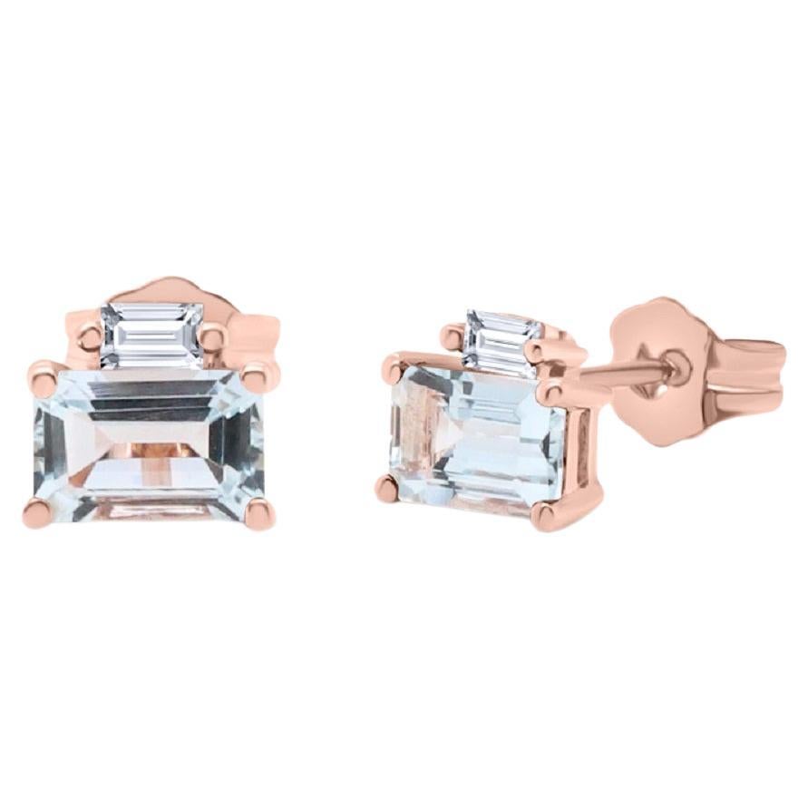 Classic Emerald-Cut Aquamarine with Diamond Accents 10k Rose Gold Earring For Sale