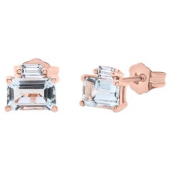 Classic Emerald-Cut Aquamarine with Diamond Accents 10k Rose Gold Earring