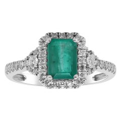 Bague classique en or blanc 14K avec émeraude et diamant blanc taille ronde