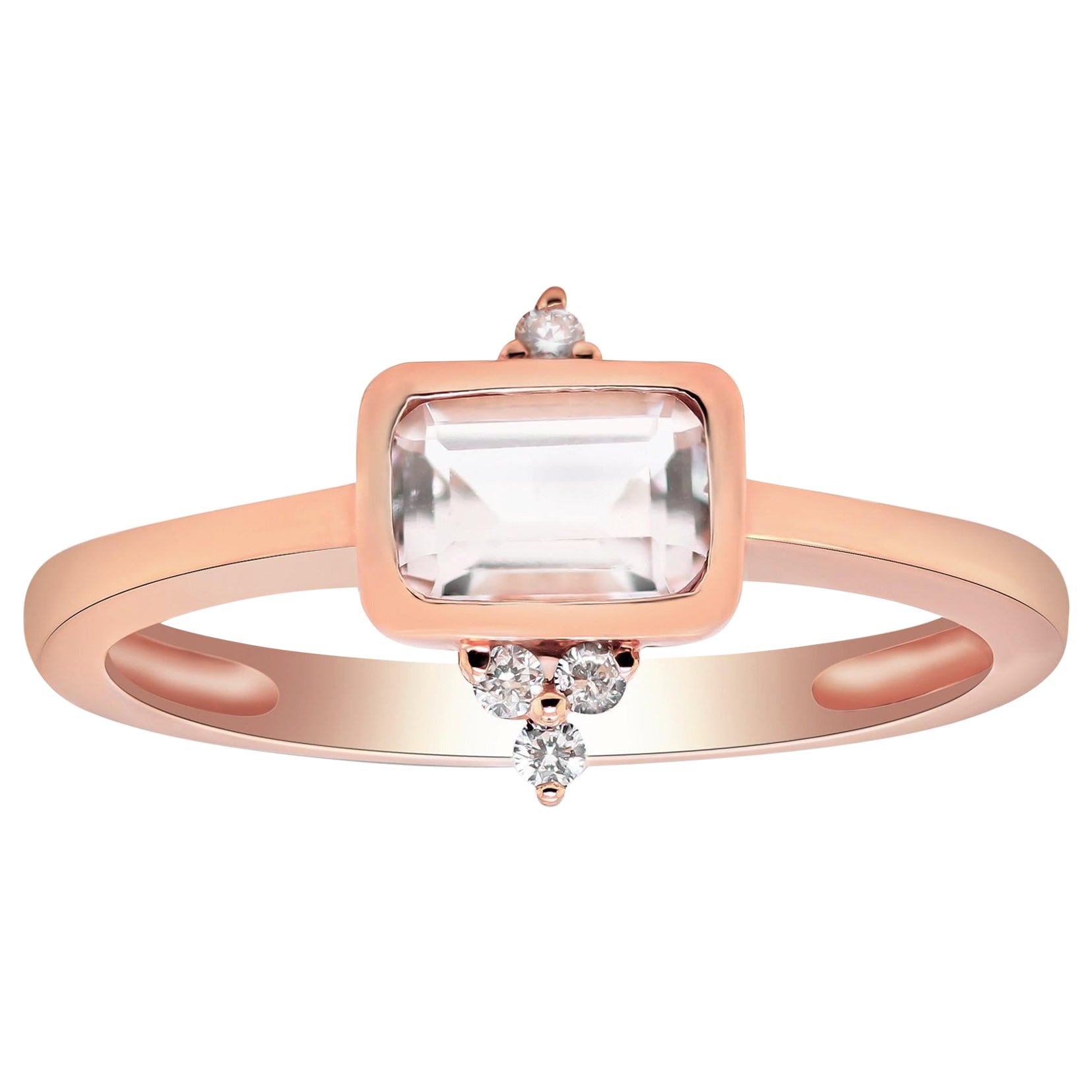 Classic Emerald-Cut Morganite with Round-Cut Diamond 14k Rose Gold Ring For Sale
