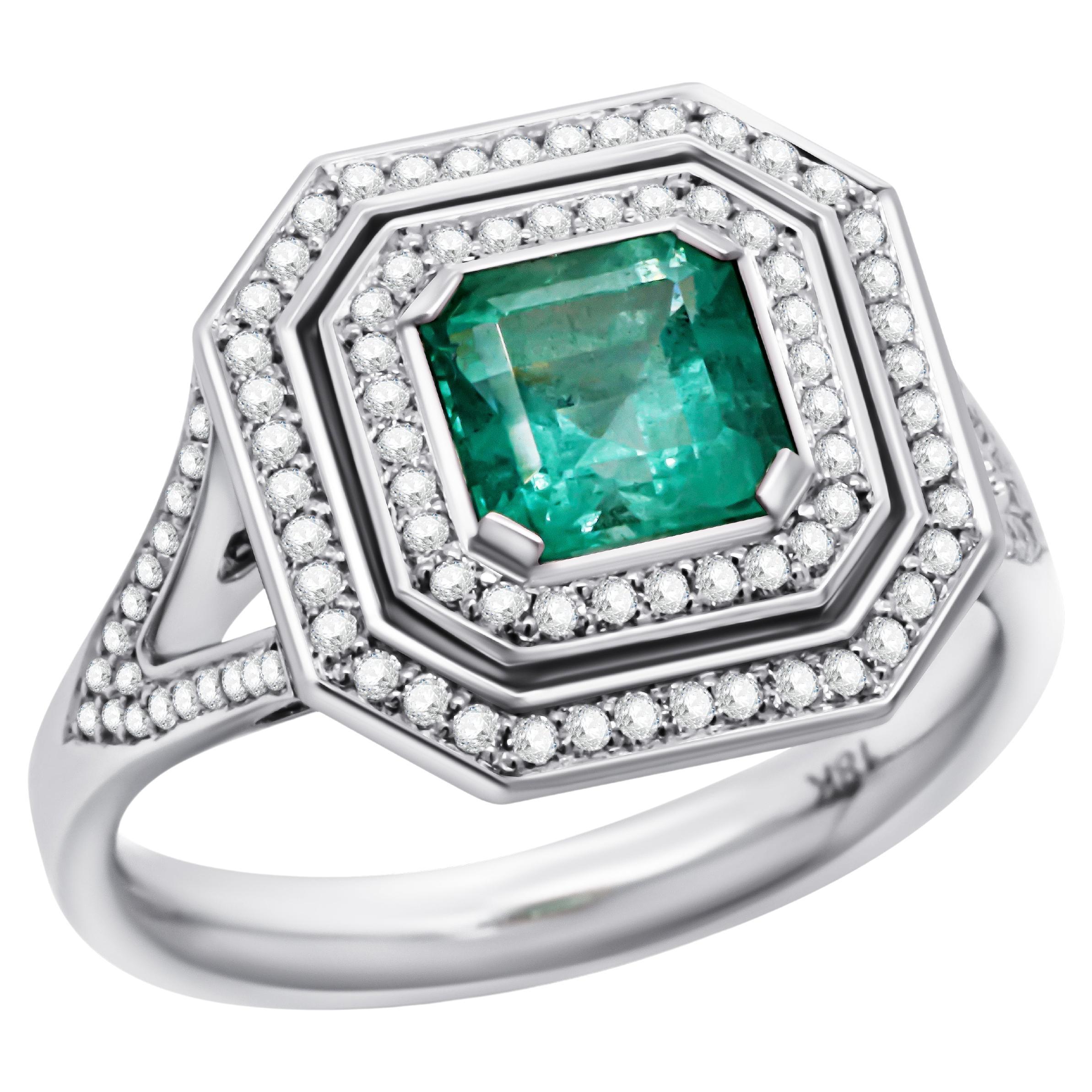 Classic Emerald Cut Natural Emerald and Diamonds 18K Gold Ring ICL Certified For Sale