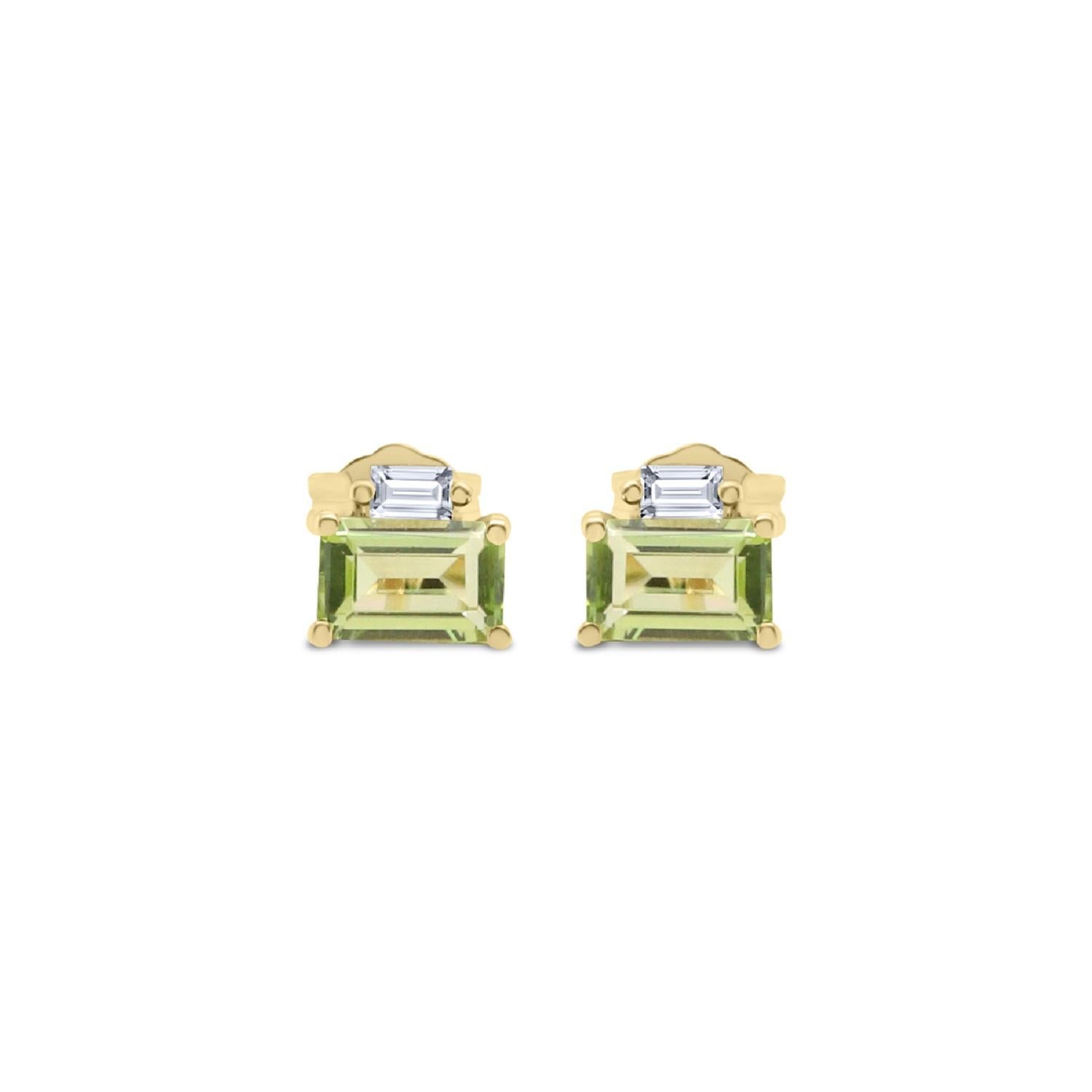 Art Deco Classic Emerald-Cut Peridot Diamond Accents 10k Yellow Gold Studs Earring For Sale