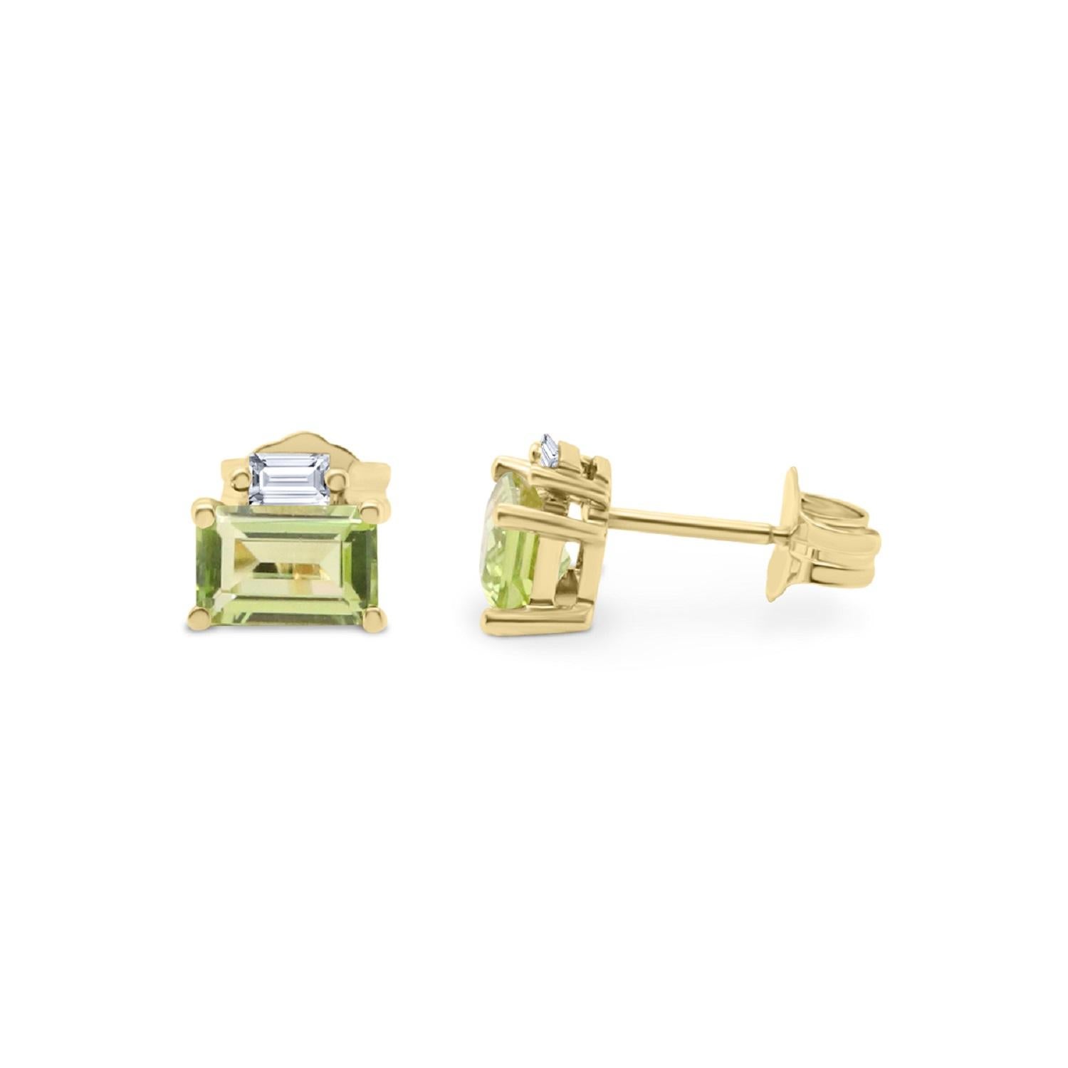 Emerald Cut Classic Emerald-Cut Peridot Diamond Accents 10k Yellow Gold Studs Earring For Sale