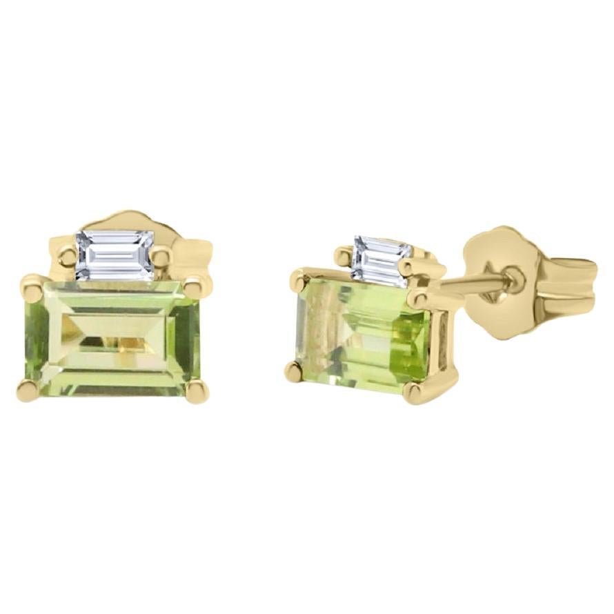 Classic Emerald-Cut Peridot Diamond Accents 10k Yellow Gold Studs Earring For Sale