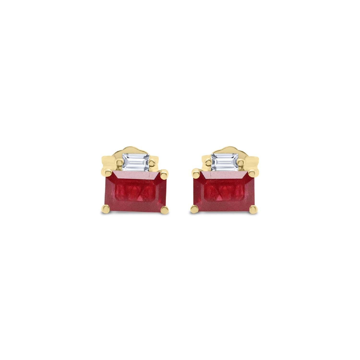 Art Deco Classic Emerald-Cut Ruby Diamond Accents 14k Yellow Gold Studs Earring For Sale