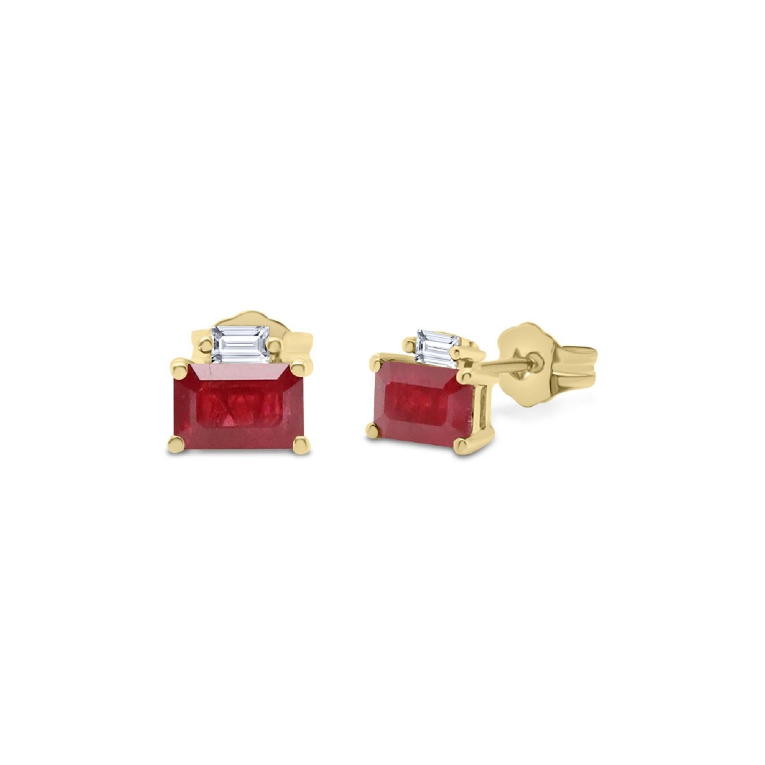 Emerald Cut Classic Emerald-Cut Ruby Diamond Accents 14k Yellow Gold Studs Earring For Sale