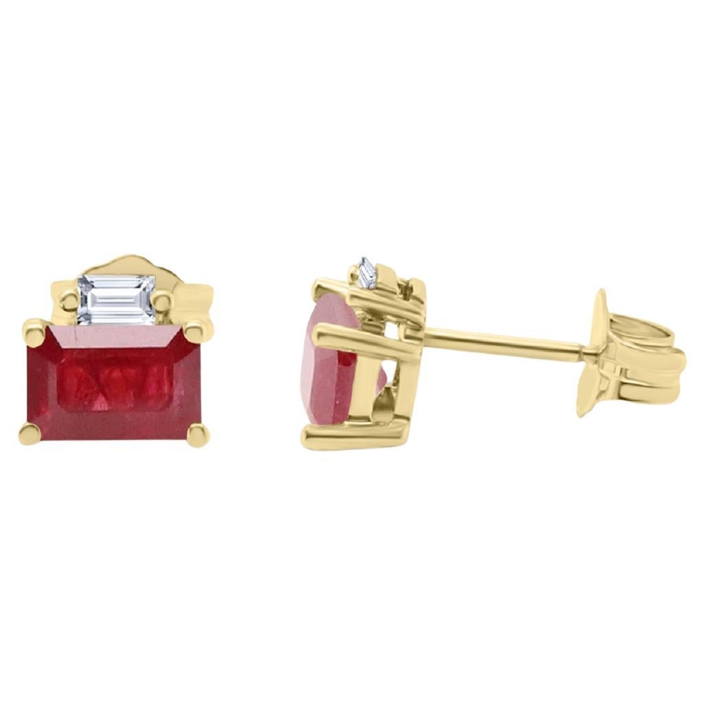 Classic Emerald-Cut Ruby Diamond Accents 14k Yellow Gold Studs Earring For Sale