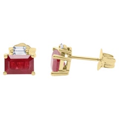 Vintage Classic Emerald-Cut Ruby Diamond Accents 14k Yellow Gold Studs Earring