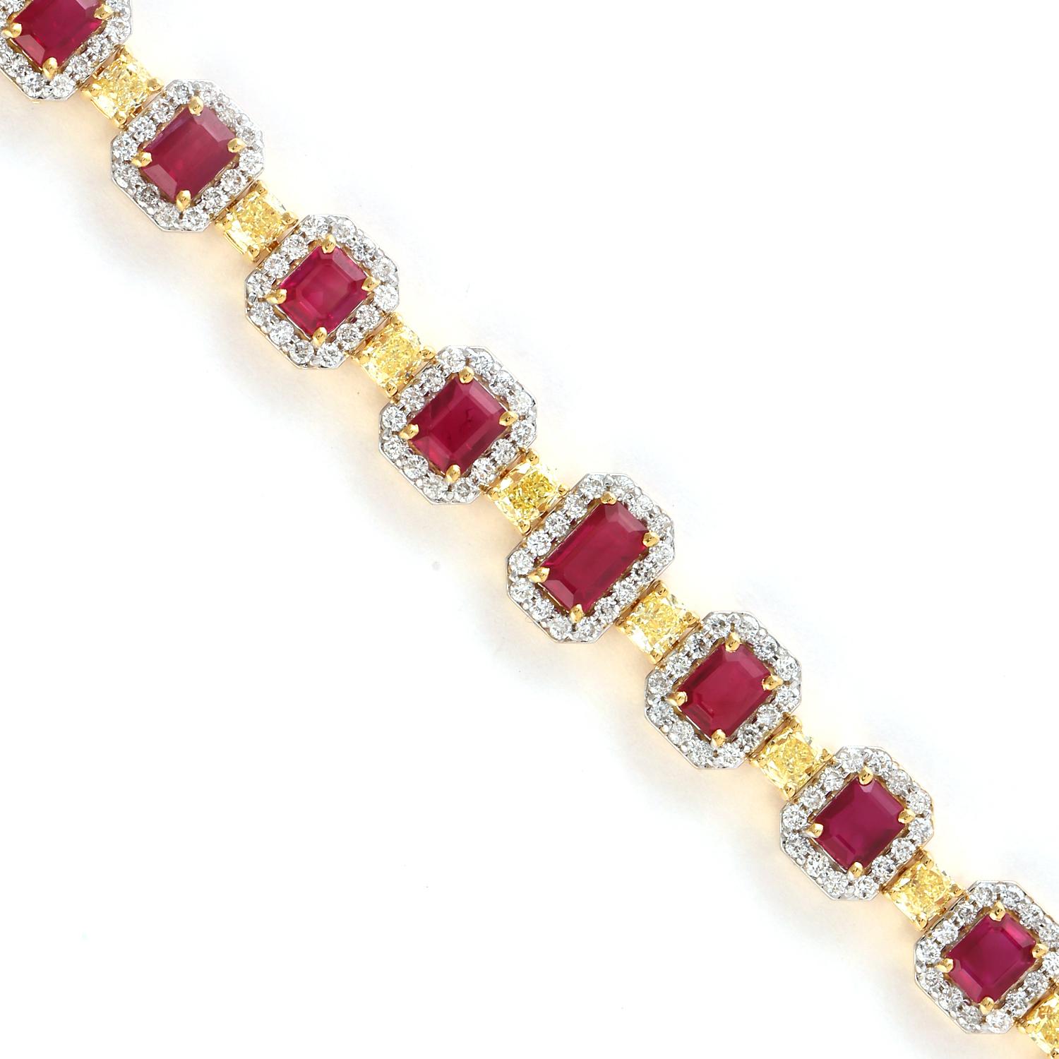This Classic Emerald cut Ruby tennis bracelet with white and Yellow Diamonds in 18K Yellow Gold is a forever gorgeous piece.

18KT: 18.64gms
Diamond: 5.64ct
Ruby: 6.69cts