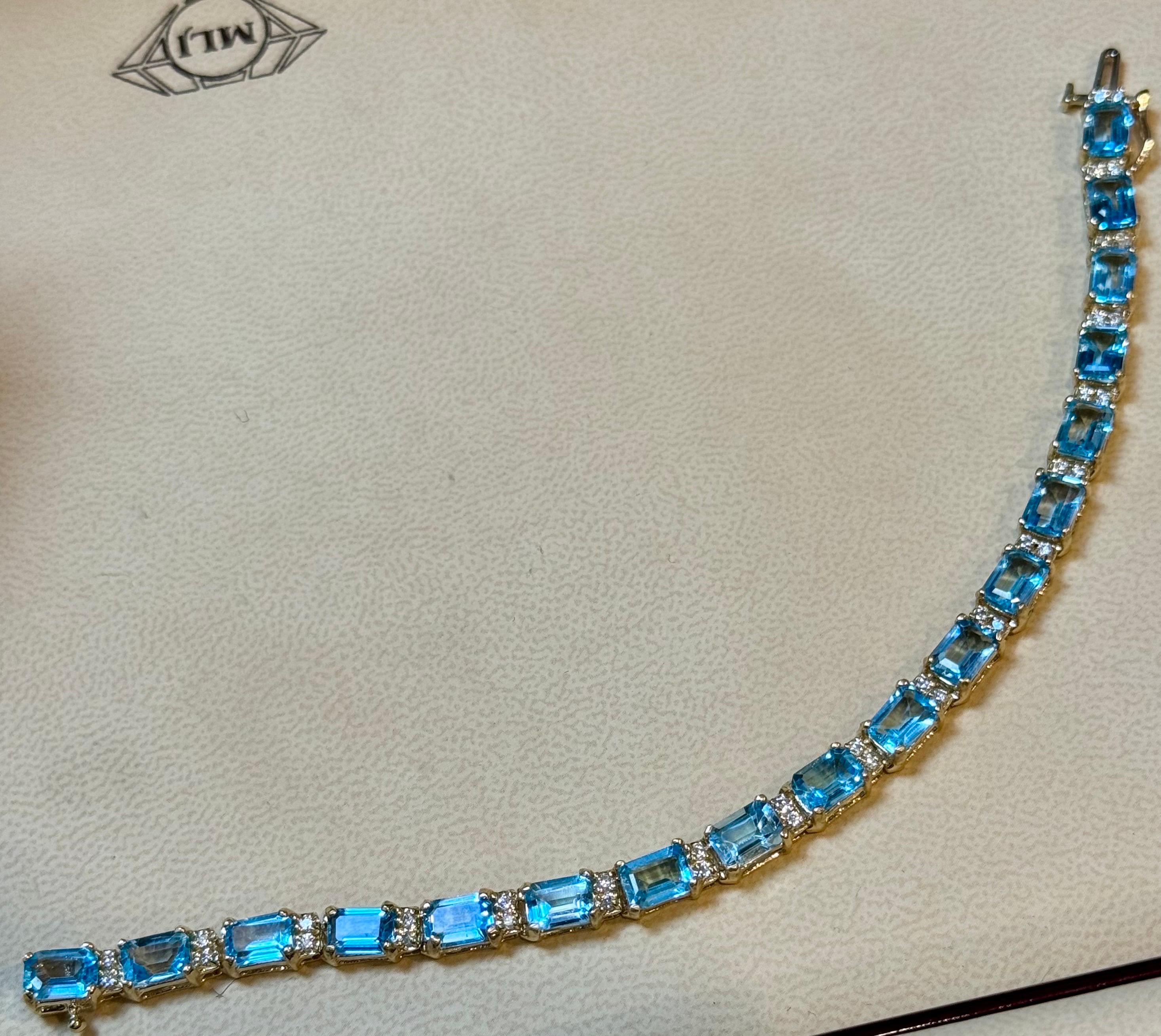 Classic Emerald-Cut Swiss Blue Topaz Bracelet with Diamonds, 14 Kt Yellow Gold For Sale 6