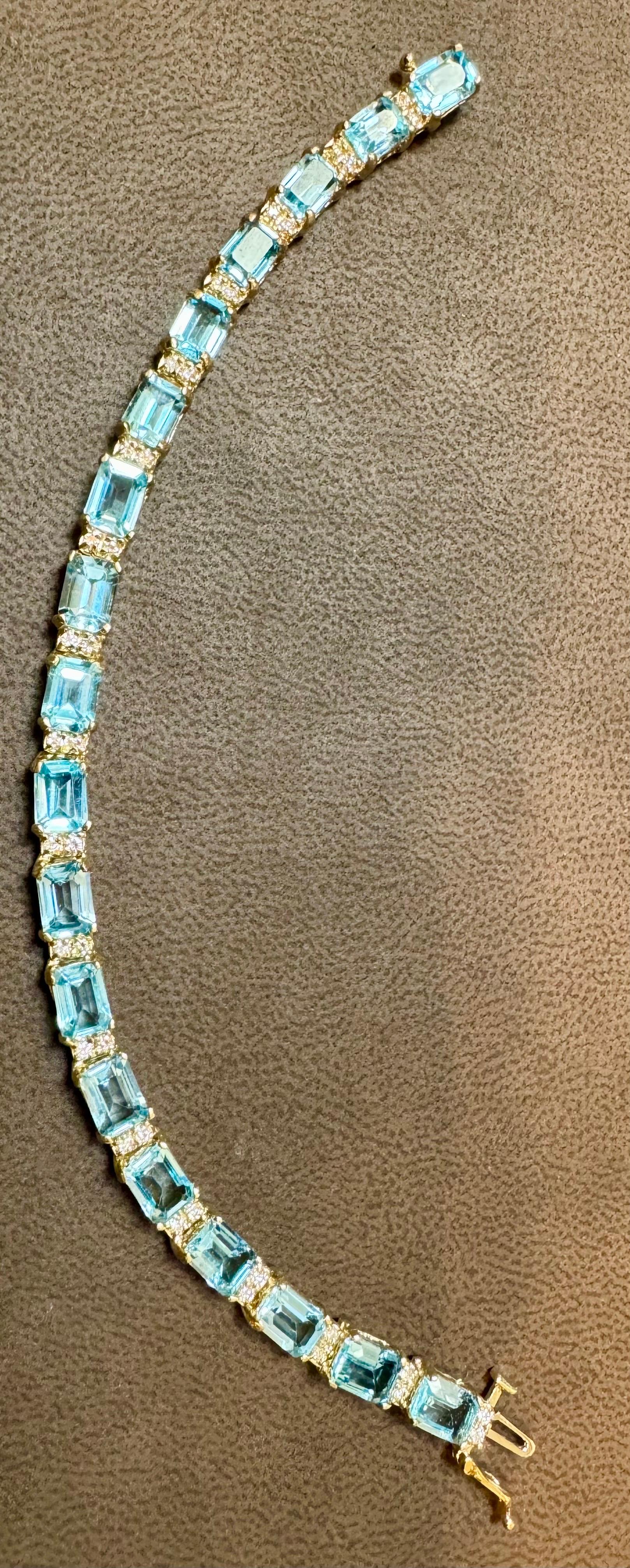Classic Emerald-Cut Swiss Blue Topaz Bracelet with Diamonds, 14 Kt Yellow Gold For Sale 8
