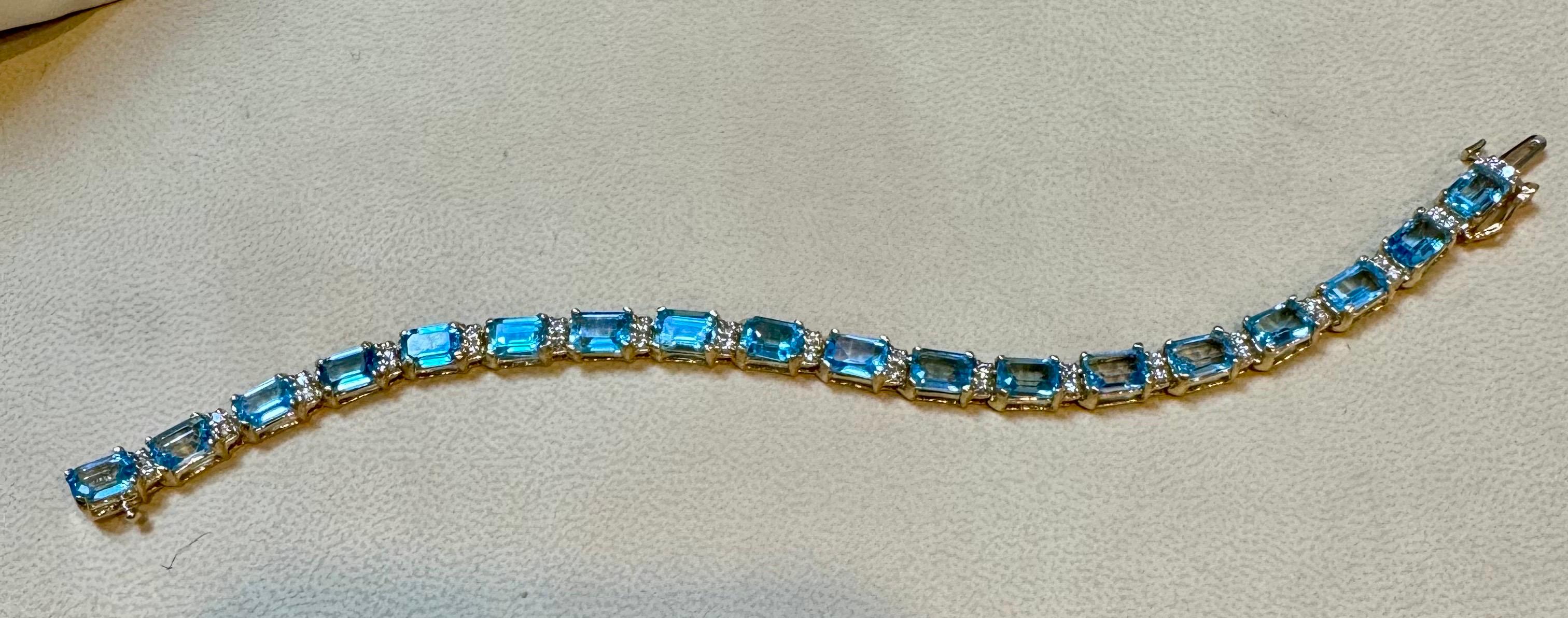 Classic Emerald-Cut Swiss Blue Topaz Bracelet with Diamonds, 14 Kt Yellow Gold For Sale 9