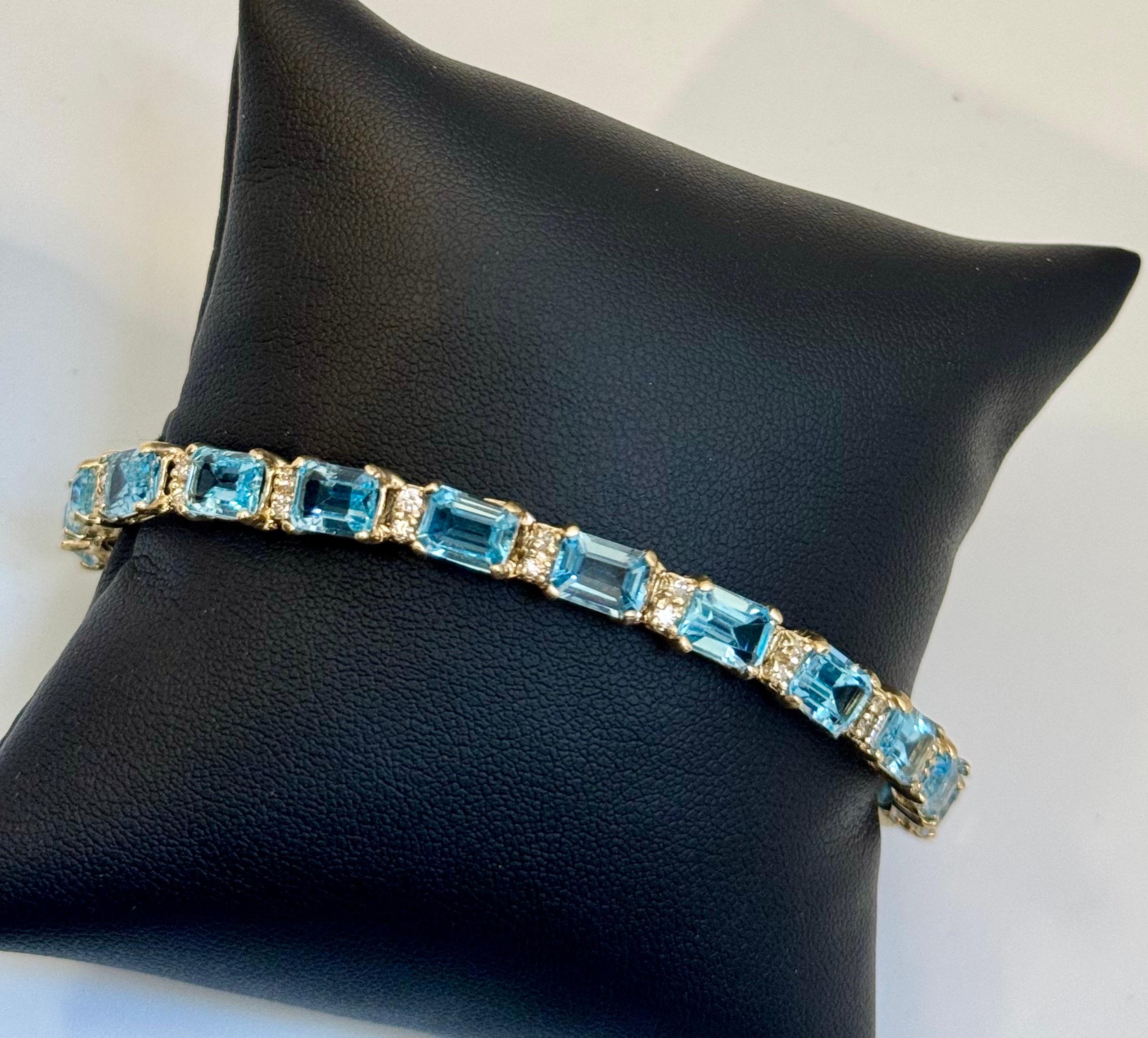 Women's Classic Emerald-Cut Swiss Blue Topaz Bracelet with Diamonds, 14 Kt Yellow Gold For Sale
