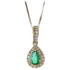 Classic Emerald Pear Cut and Diamond 10K Yellow Gold Pendant