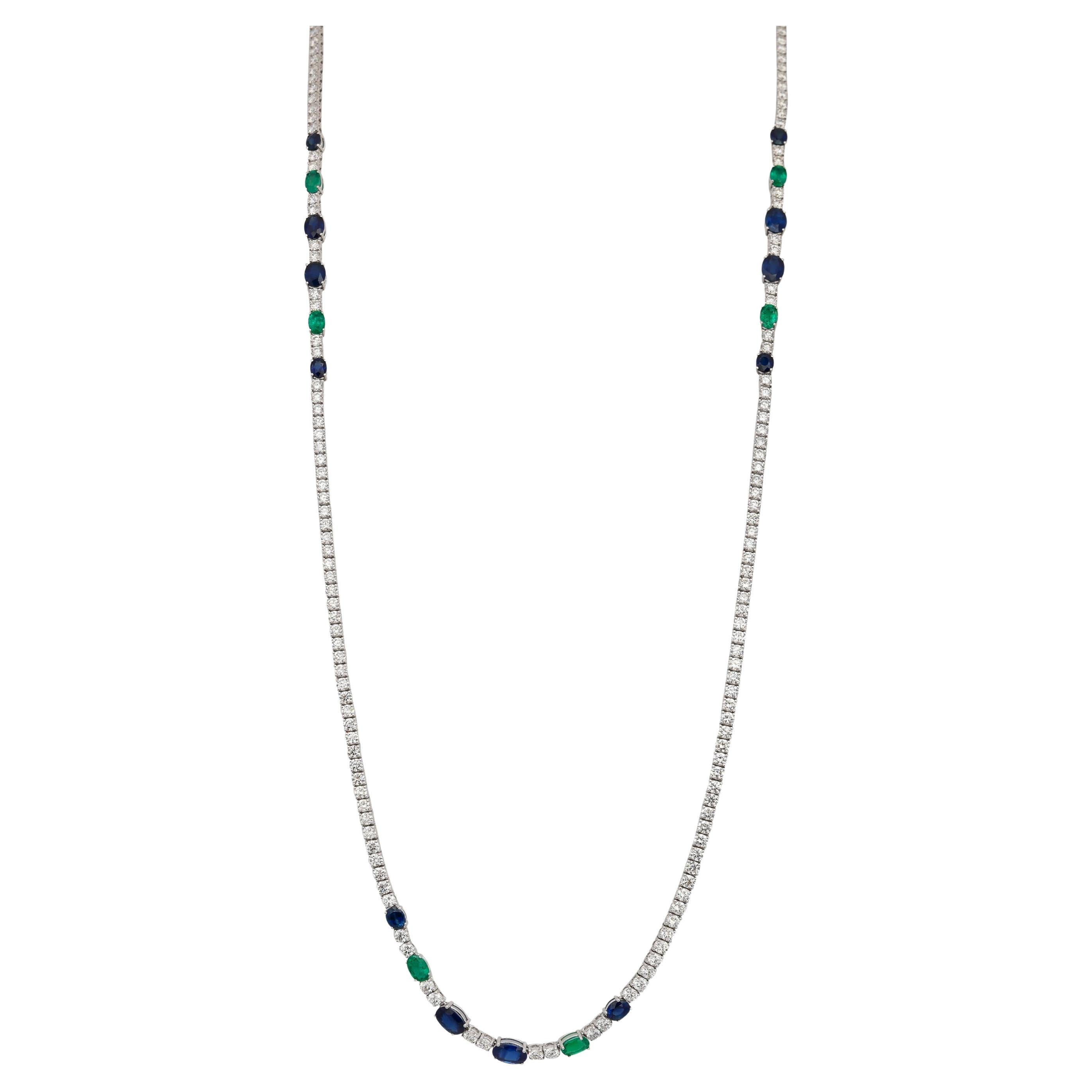 Classic Emerald, Sapphire & Diamond Long Necklace in 18 Karat White Gold For Sale