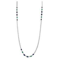 Classic Emerald, Sapphire & Diamond Long Necklace in 18 Karat White Gold