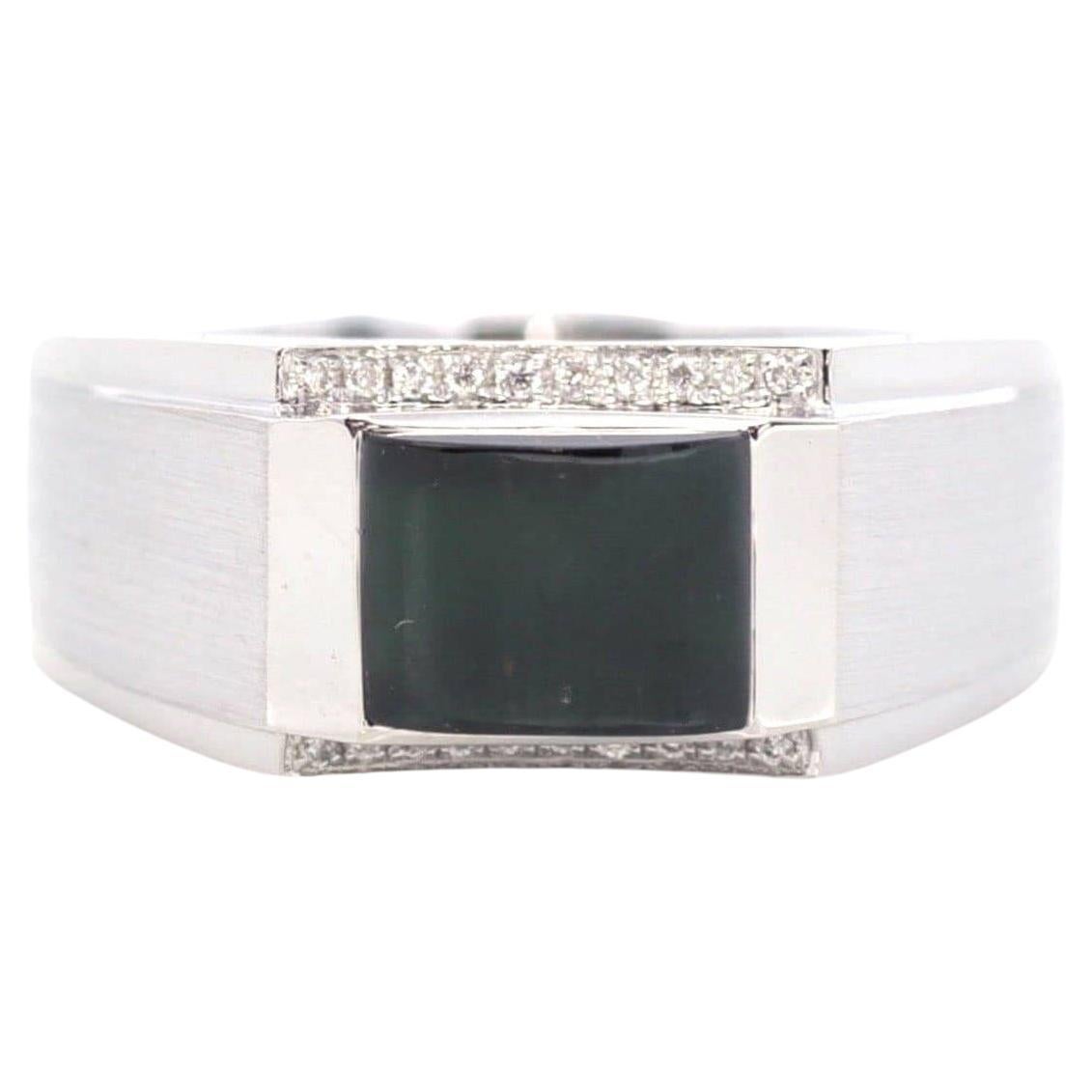 "Classic Emerald Style" Emerald Cut, Burmese Black Jadeite Jade Engagement Ring For Sale