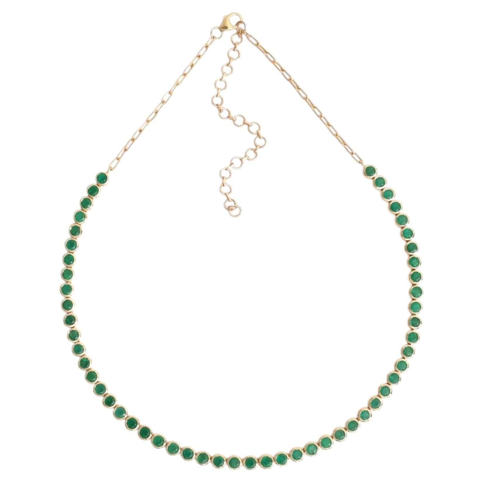 Classic Emerald Tennis 14K Yellow Gold Necklace in vendita