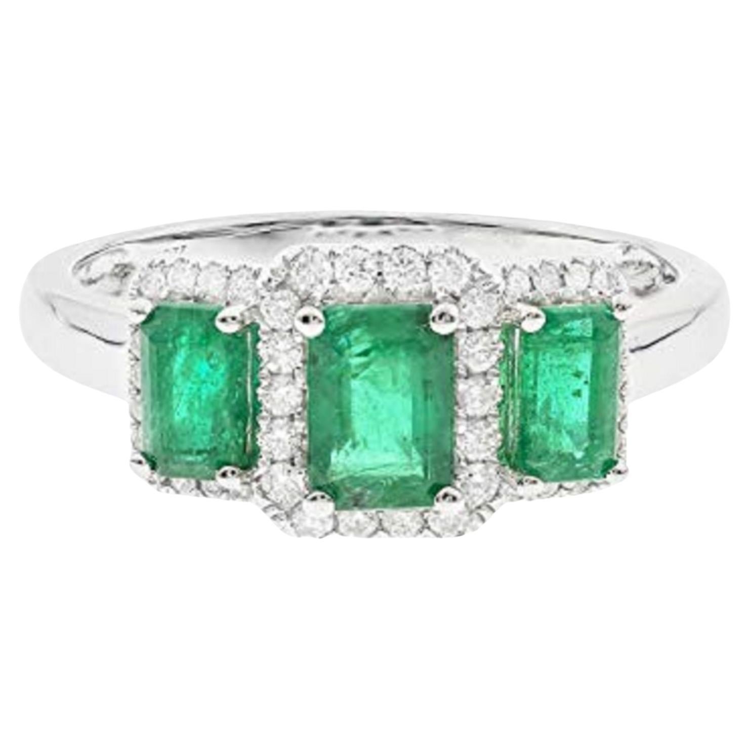 Classic Emerald with Diamond Accents 10k White Gold Ring For Women/Girls