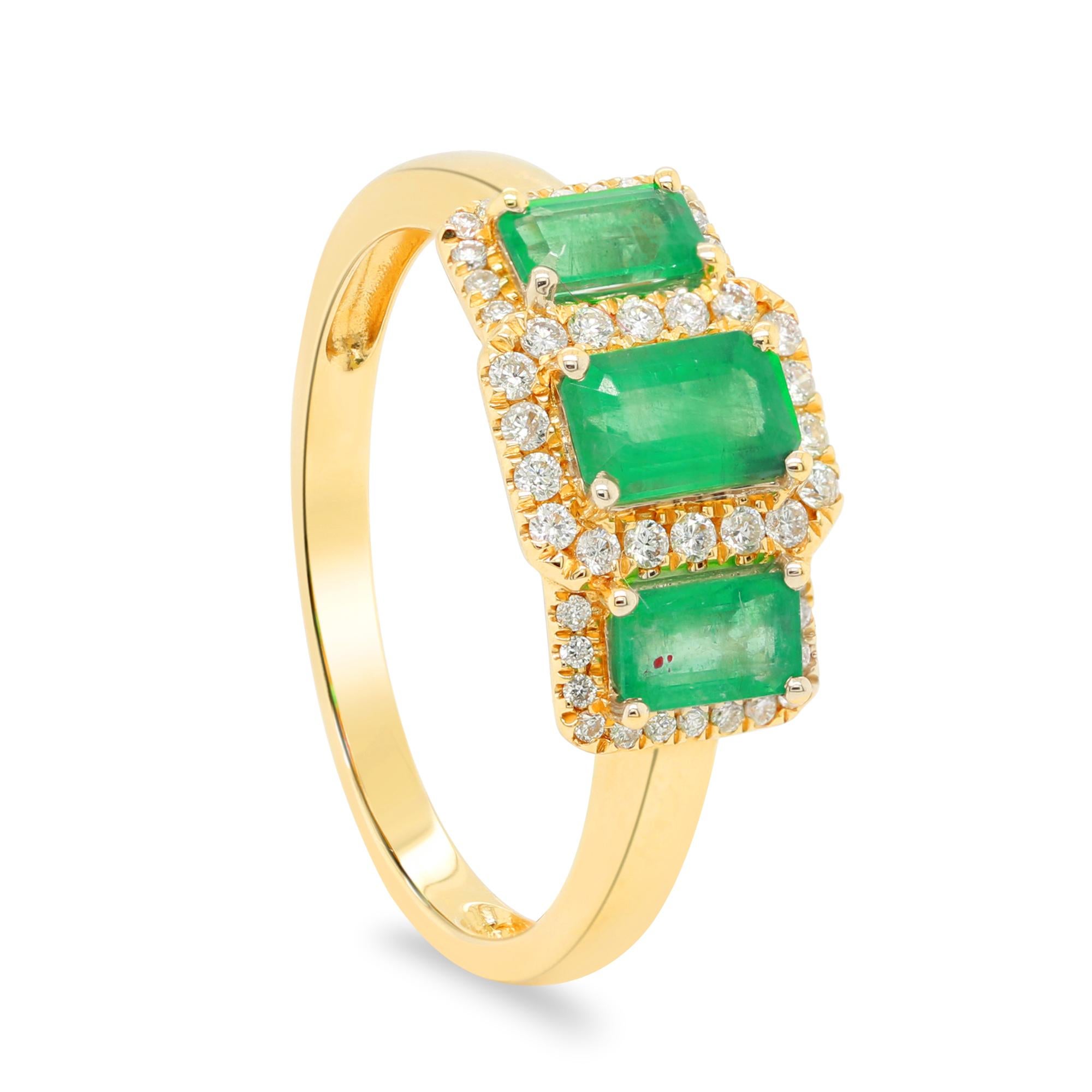 Art Déco Anello classico con smeraldo e accenti di diamante in oro giallo 14k per donna/ragazza in vendita