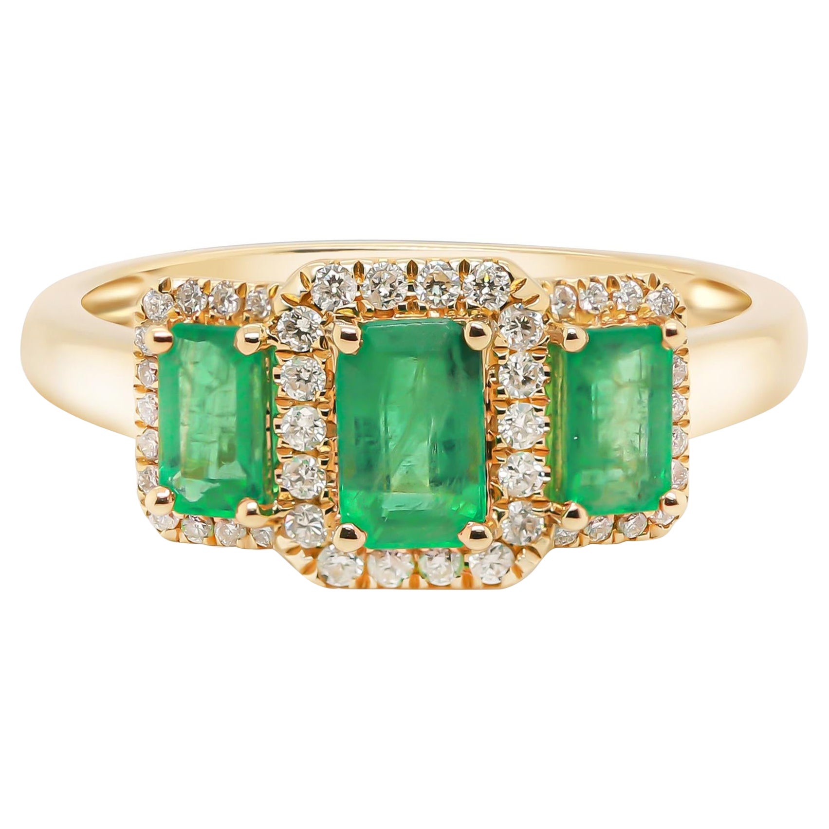 Bague classique en or jaune 14k pour femmes/filles avec émeraude et accents de diamants