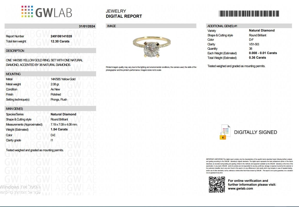 Classic engagement ring, 1.9ct diamonds ring, 14K Yellow Gold, GWLAB certifaed For Sale 3